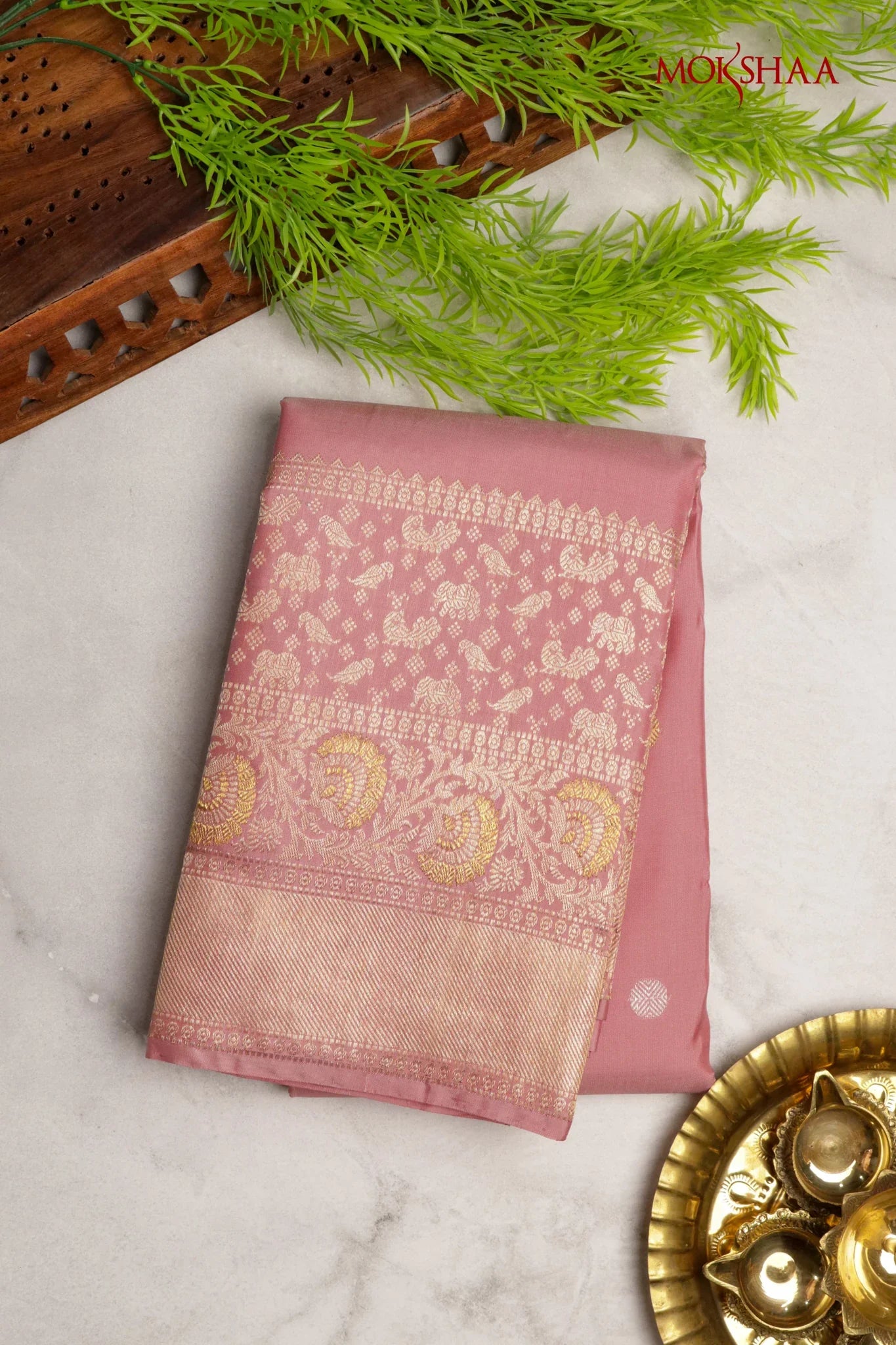 Peach Kanchivaram Silk Saree with Gold & Silver Zari | Mokshaa