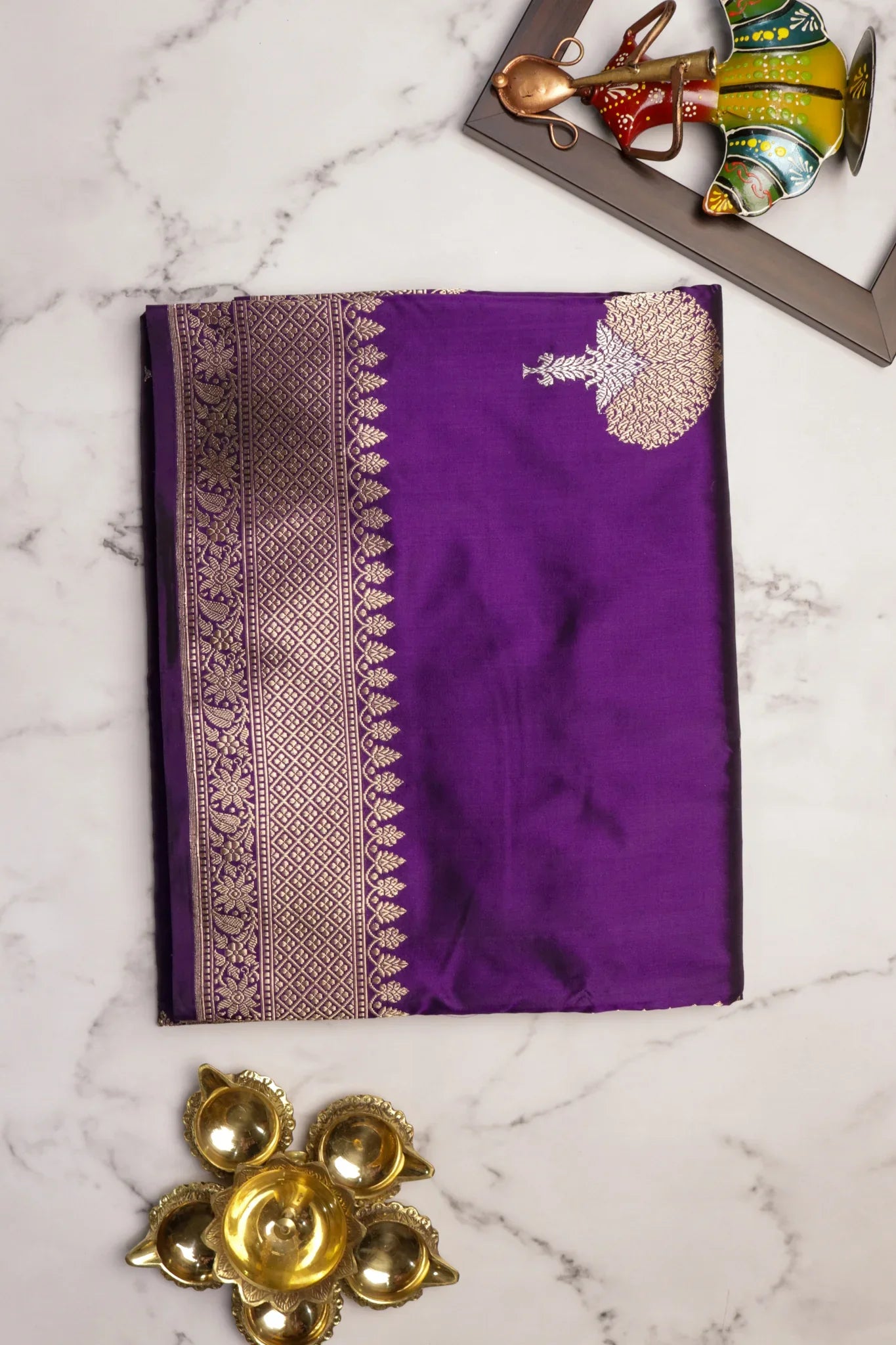 Purple Banarasi Silk Saree with Gold & Silver Zari Butta Borde | Mokshaa