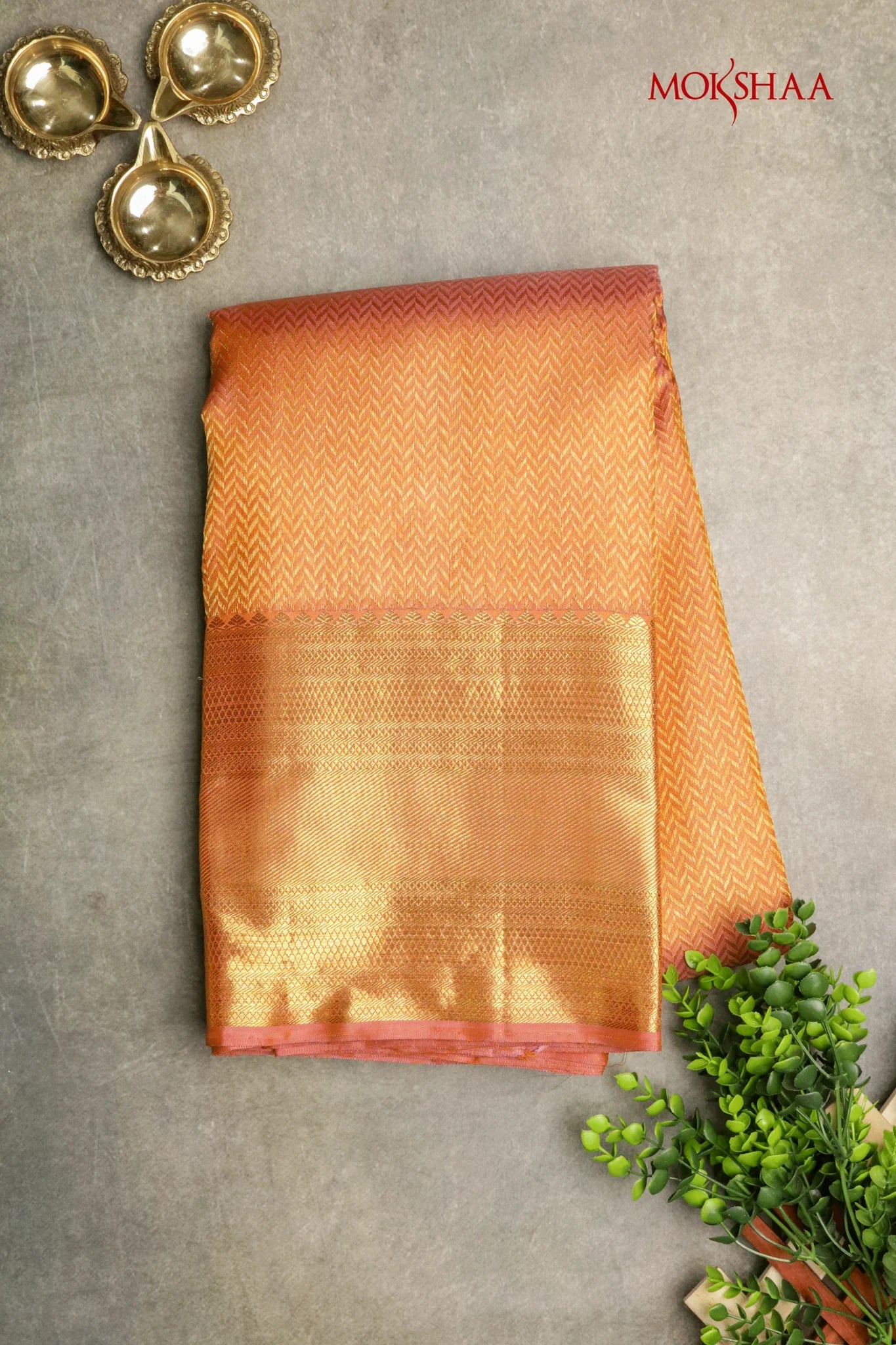 Dark Peach Kanchivaram Silk Saree with Golden Zari Weaving | Mokshaa