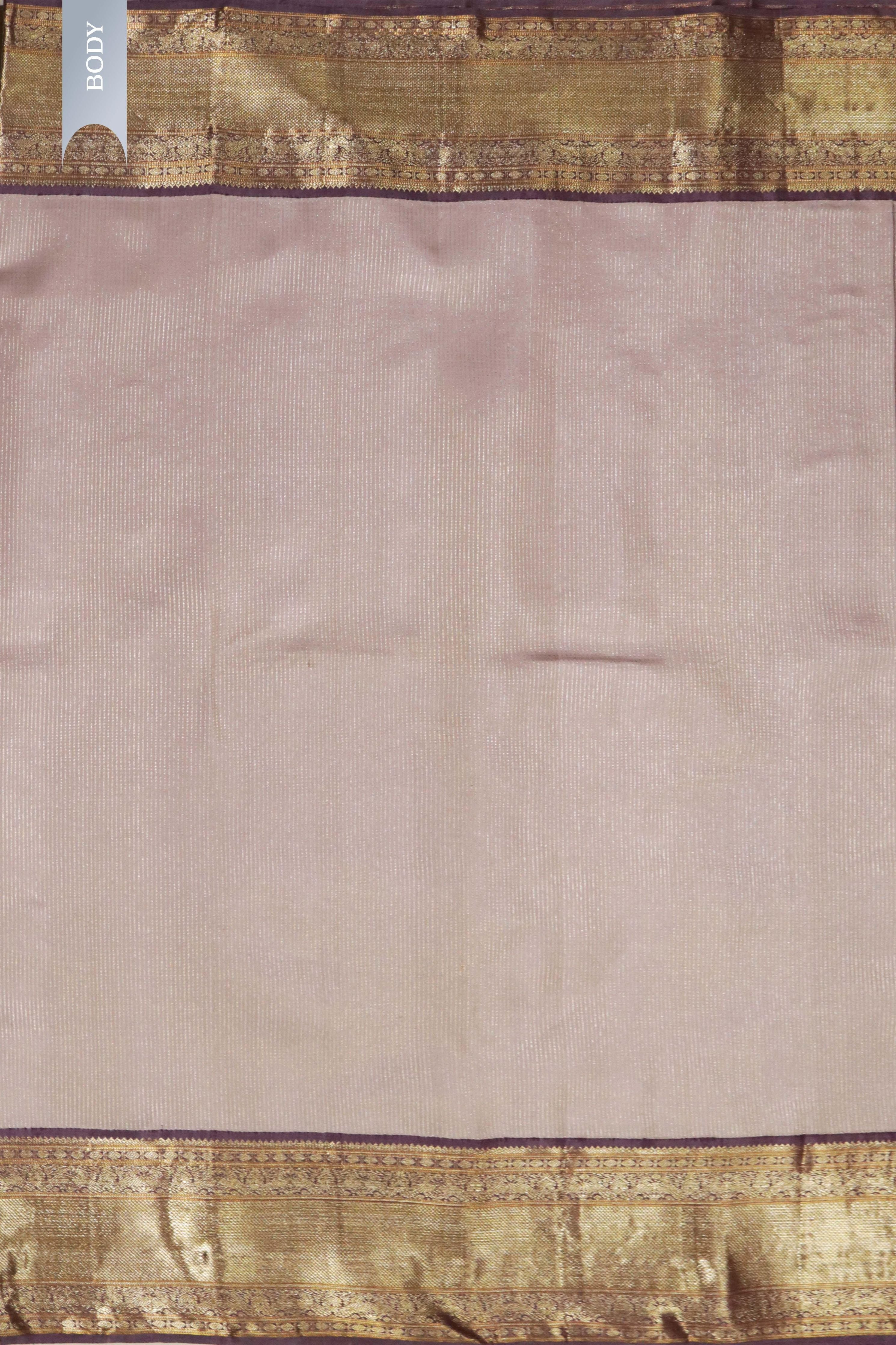 Beige Kanchivaram Silk Saree with Zari Stripes & Contrast Maroon Pallu - Mokshaa