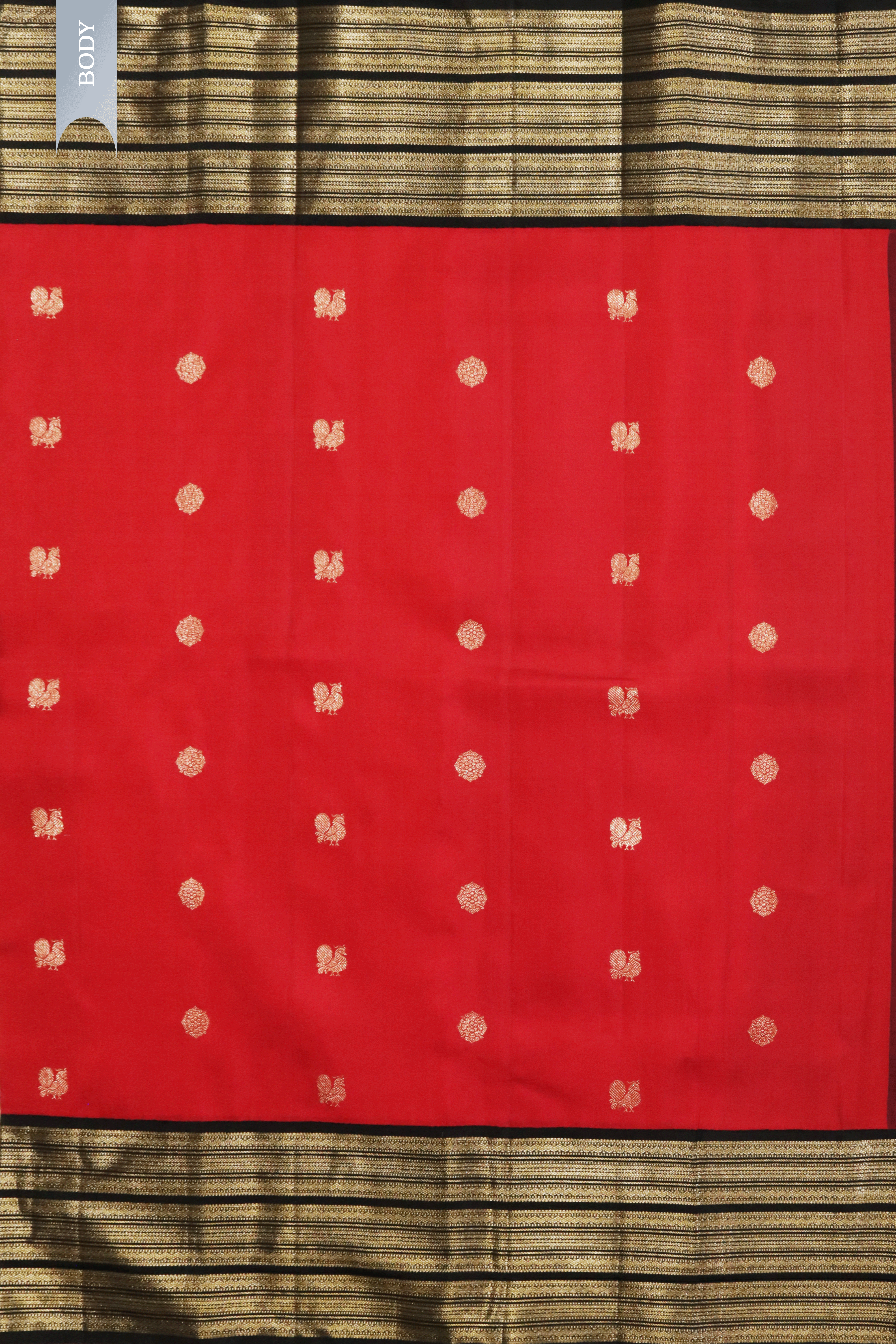 Red Kanchivaram Silk Saree with Golden Buttas and Black Zari Border
