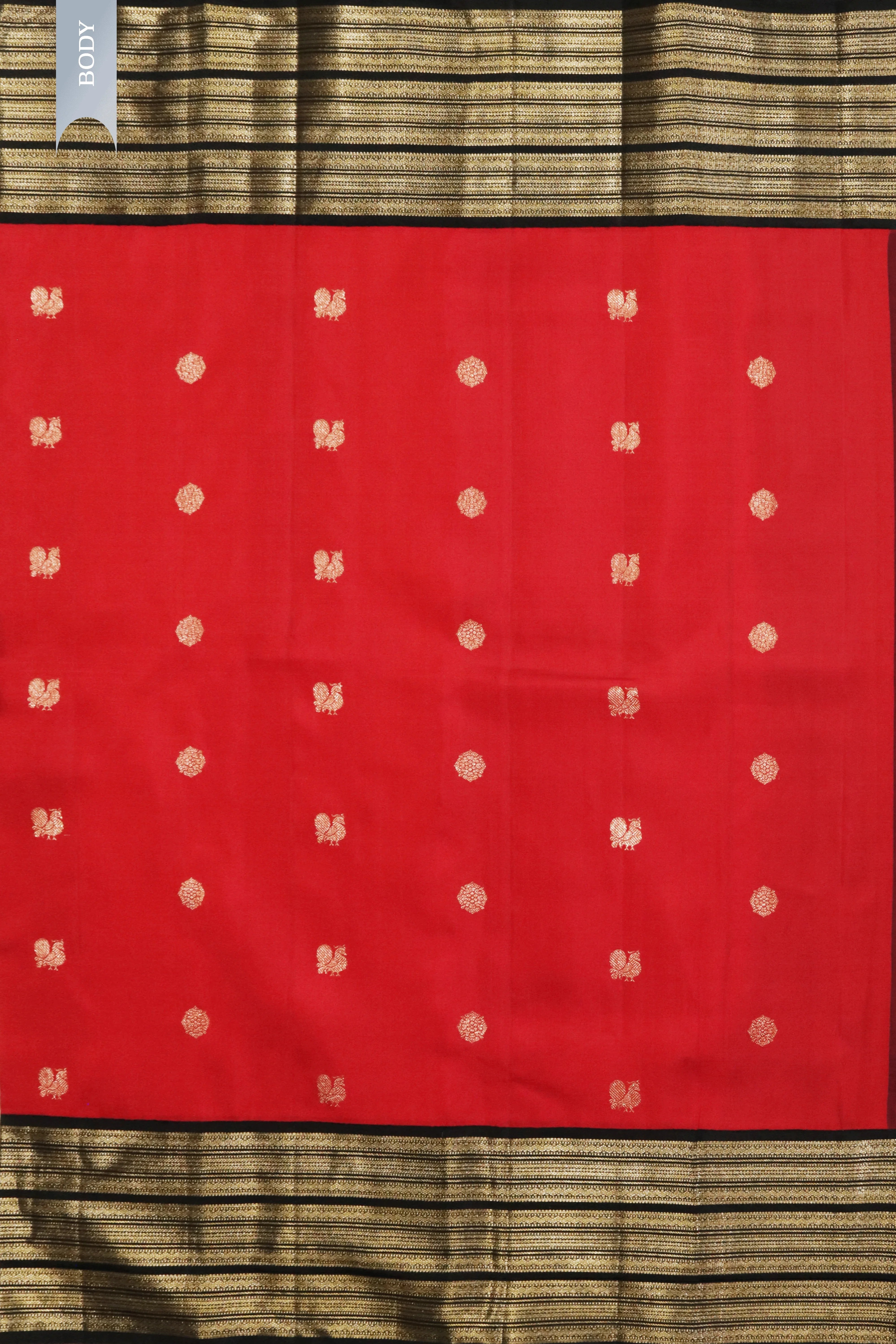 Red Kanchivaram Silk Saree with Golden Buttas and Black Zari Border - Mokshaa