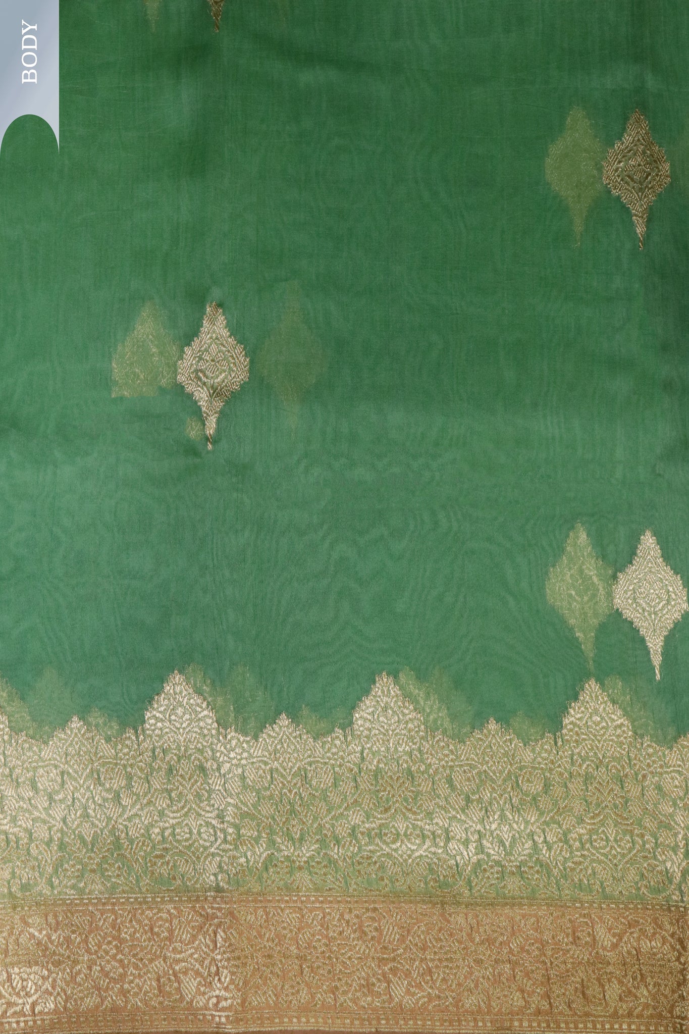 Green Banarasi Kora Saree with Gold Motifs & Contrast Pallu