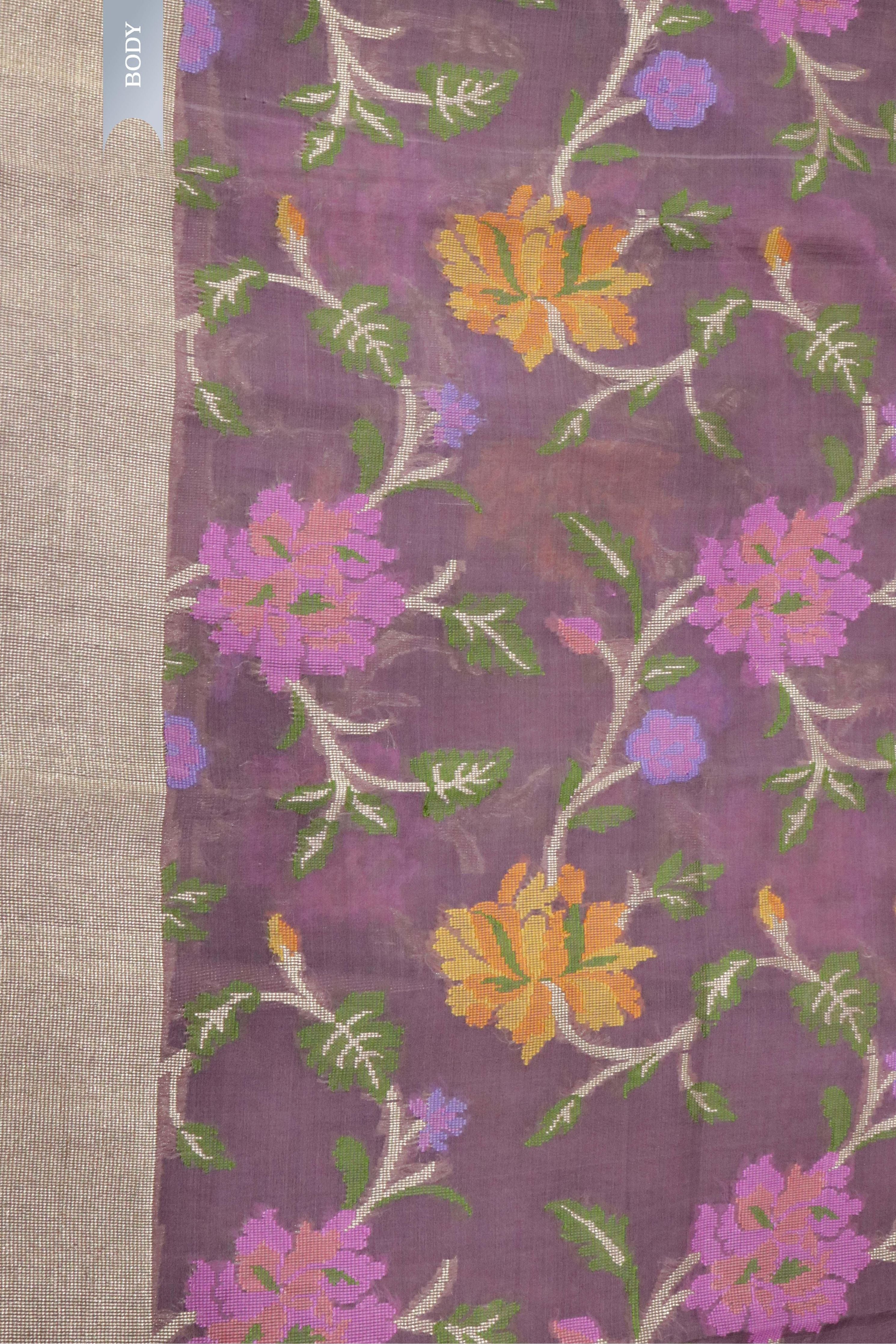 Violet Banarasi Kora Silk Saree with Zari & Multicolor Thread Jaal - Mokshaa