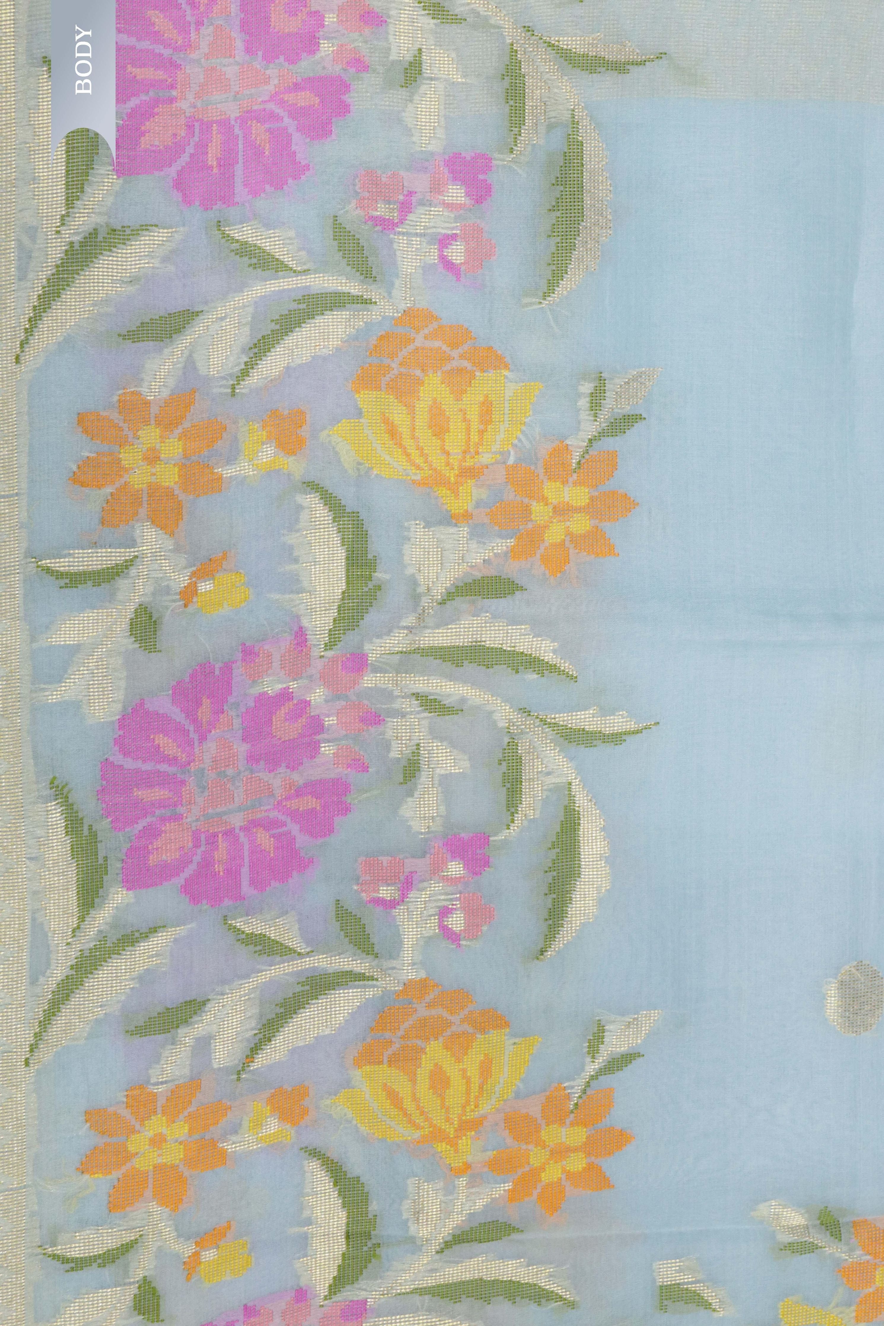 Ice Blue Banarasi Kora Silk Saree with Multi-Thread Zari Weaving - Mokshaa