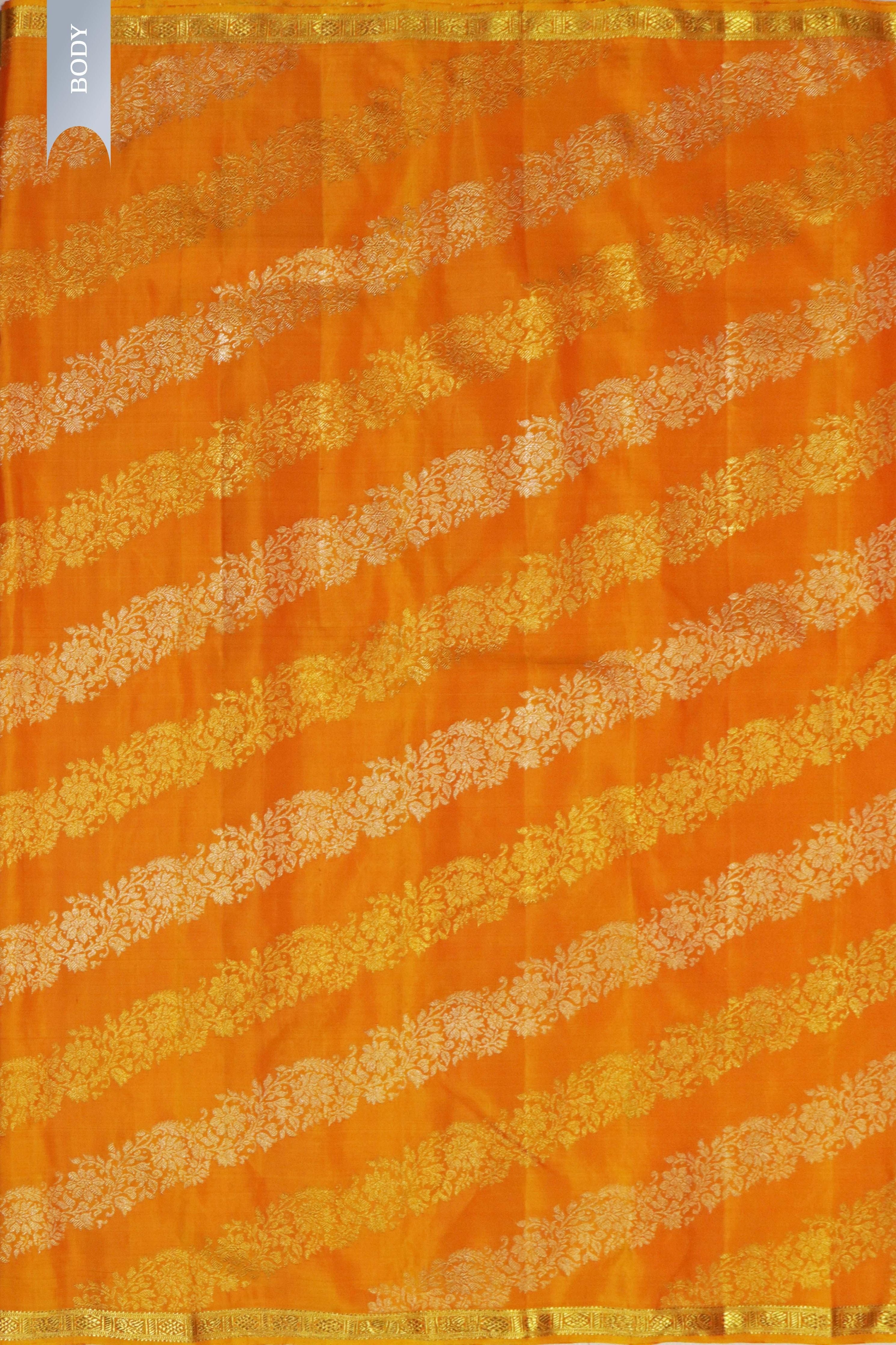 Mango Yellow Kanchivaram Silk Saree with Gold & Silver Stripes - Mokshaa