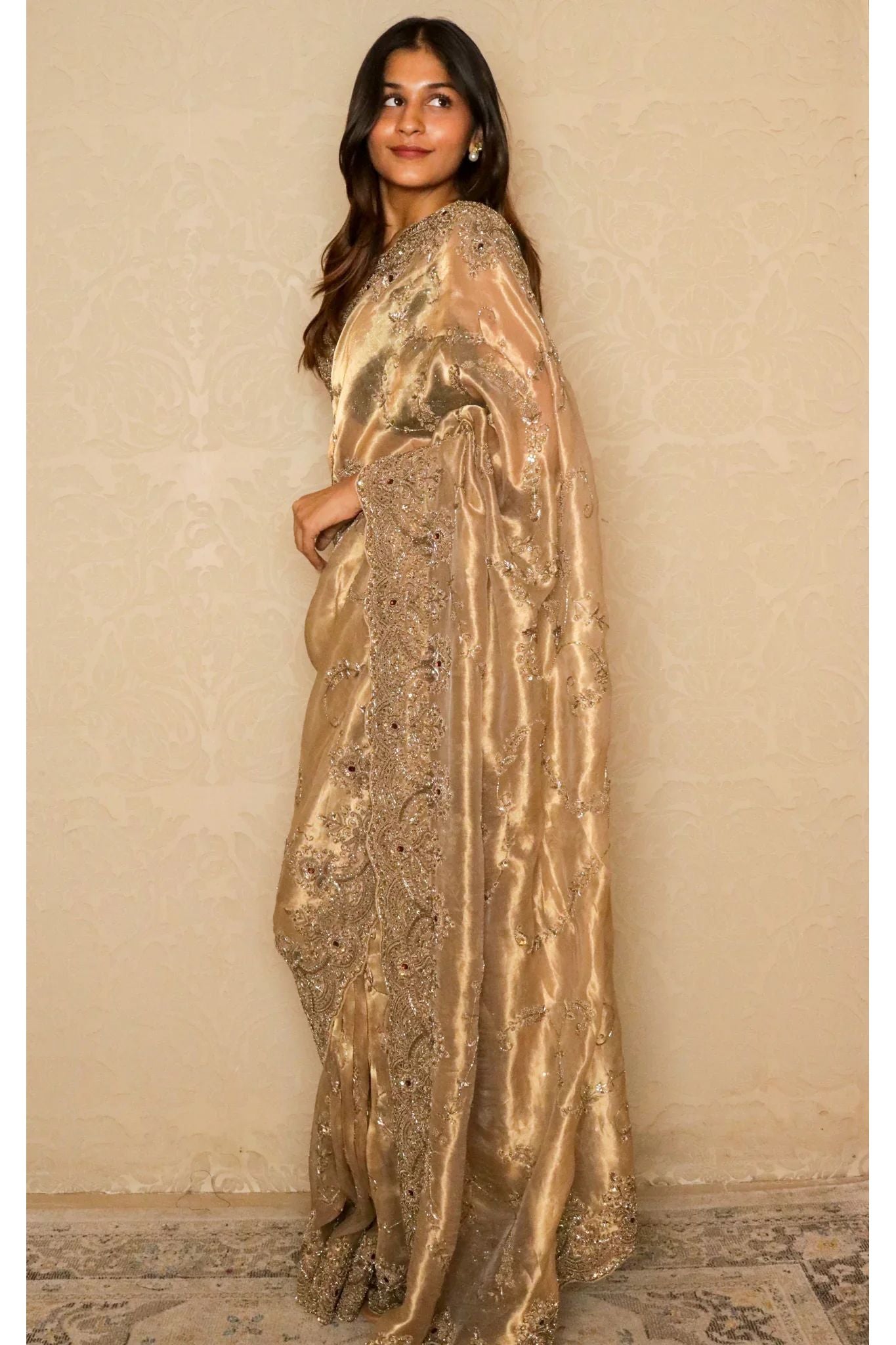 Dusty Gold Tissue Organza Saree with Jarthosi & Sequin Work and Green Velvet Blouse - Mokshaa