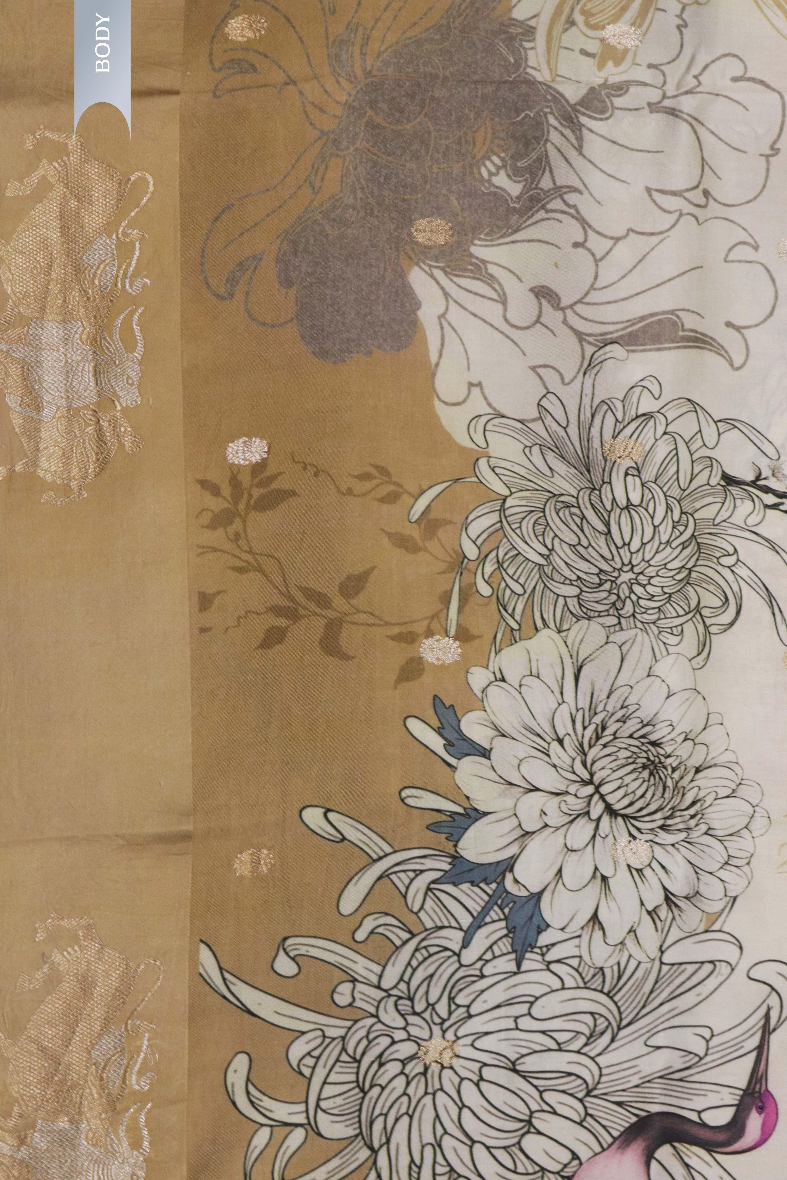 Off-White Gold Silk Saree Floral Animal Print with Zari Motifs - Mokshaa