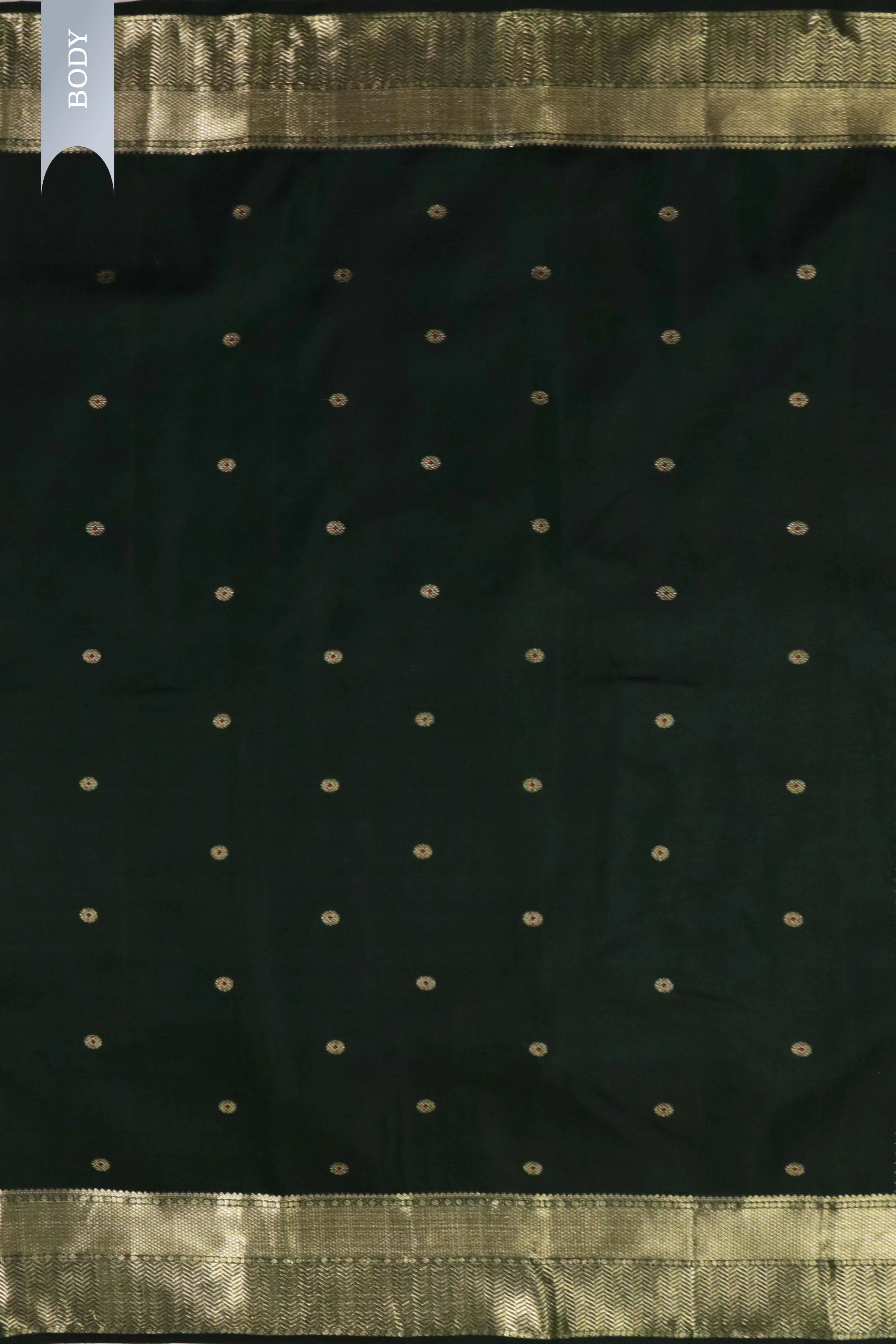 Bottle Green Kanchivaram Silk Saree with Zari Butti and Self Blouse - Mokshaa