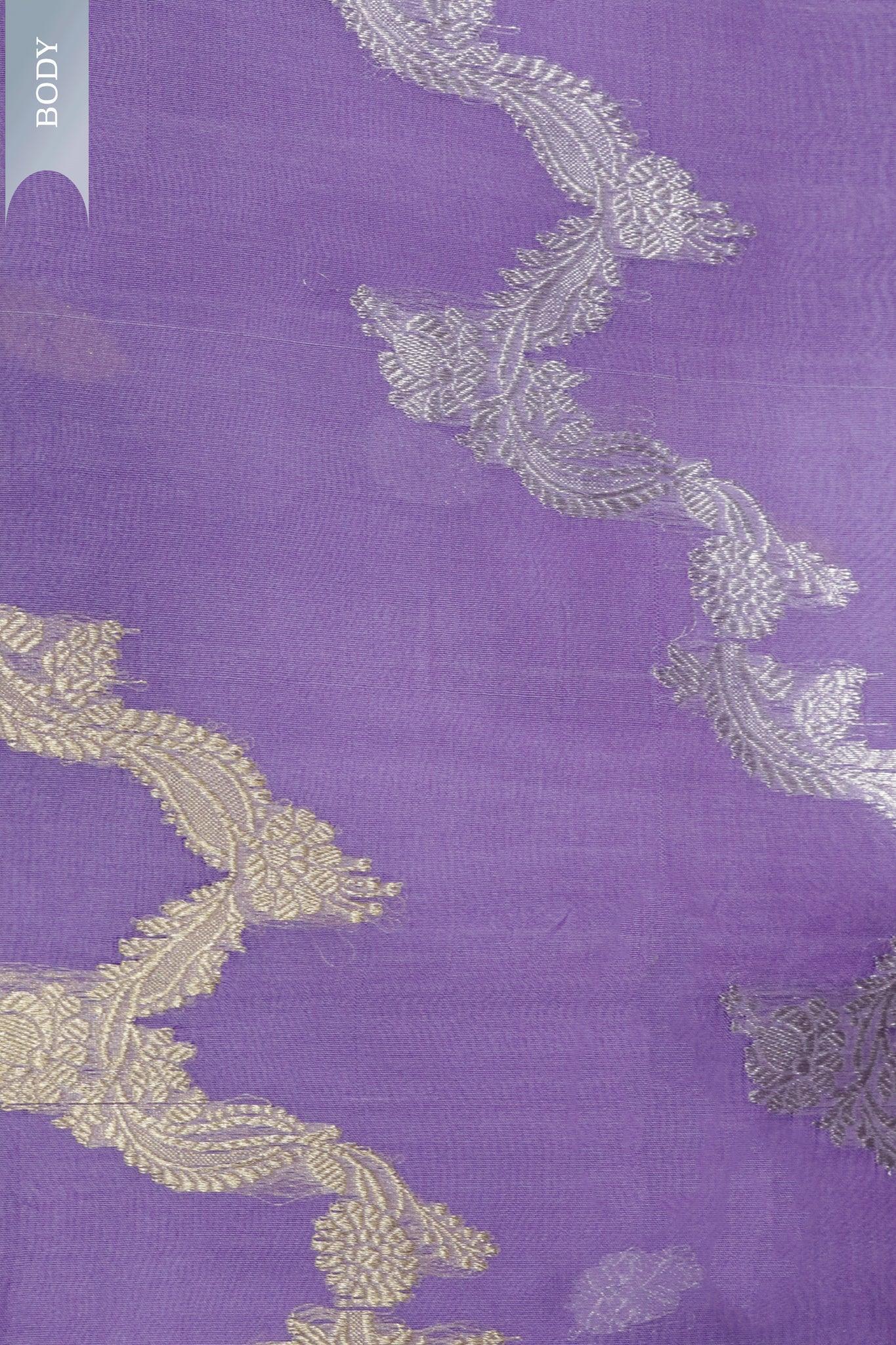 Lavender Banarasi Kora Saree with Gold & Silver Zari Motifs - Mokshaa