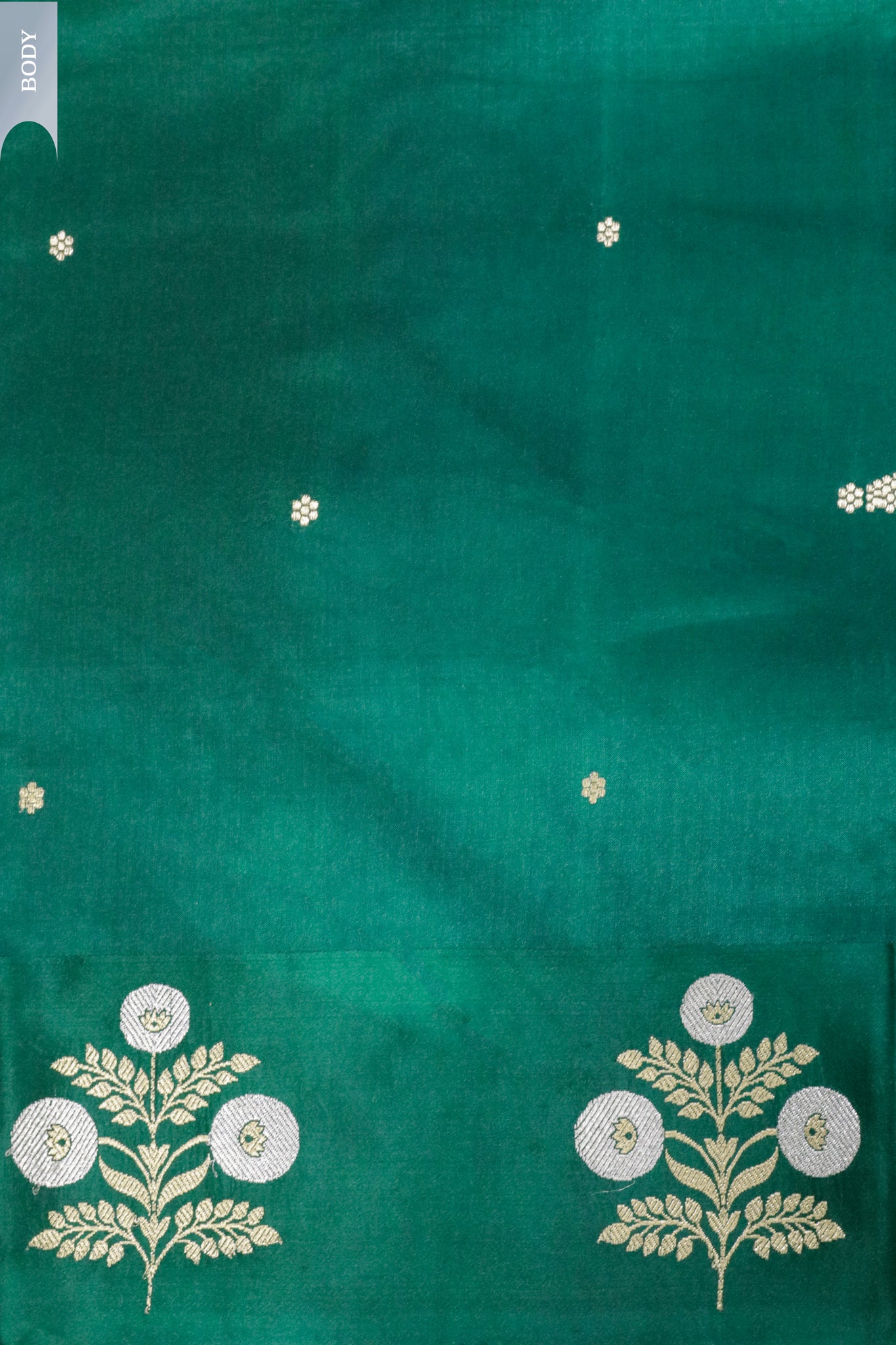 Bottle Green Banarasi Silk Saree with Butta Border & Mustard Blouse