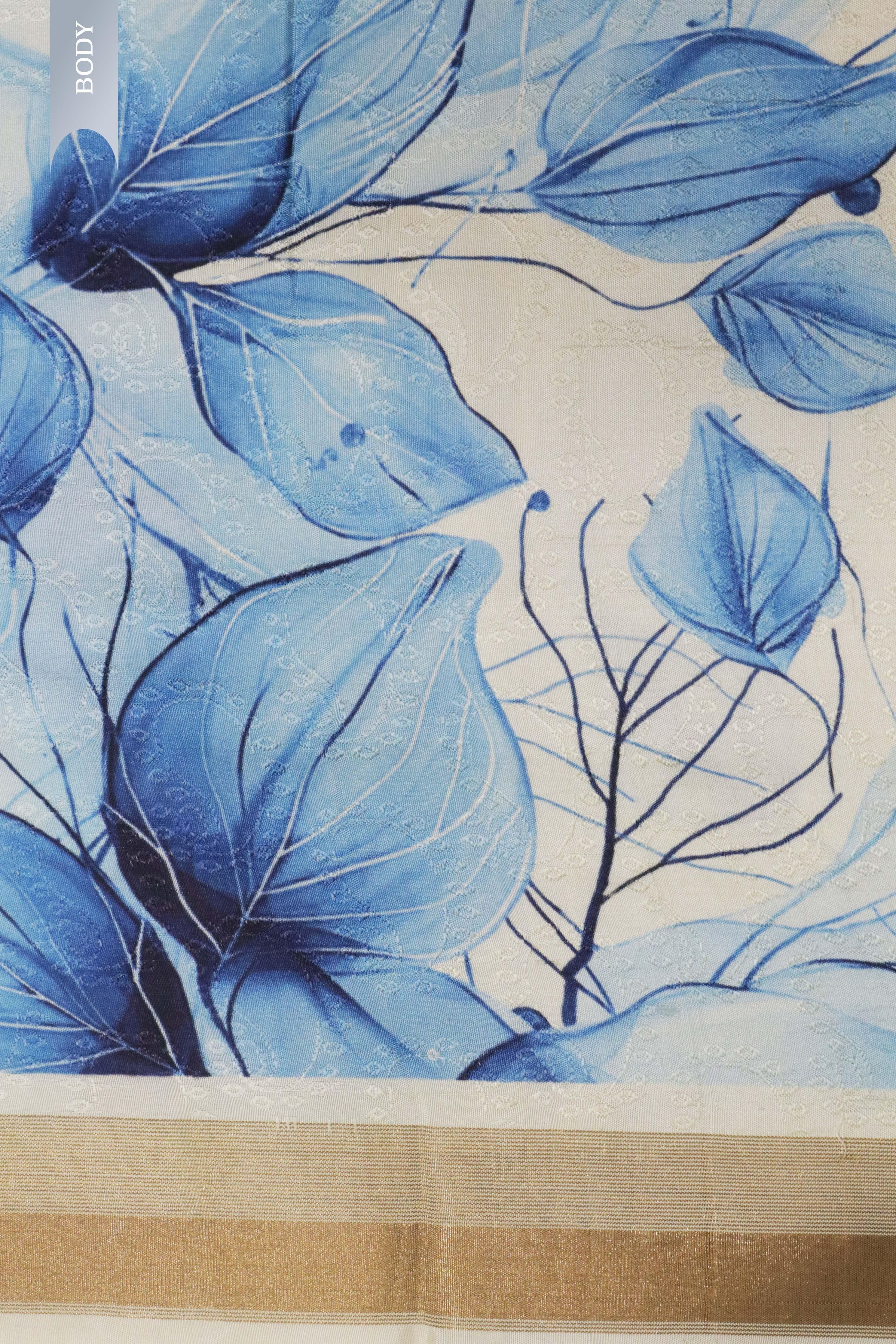 Off White Silk Saree with Blue Leaf Print Border - Mokshaa