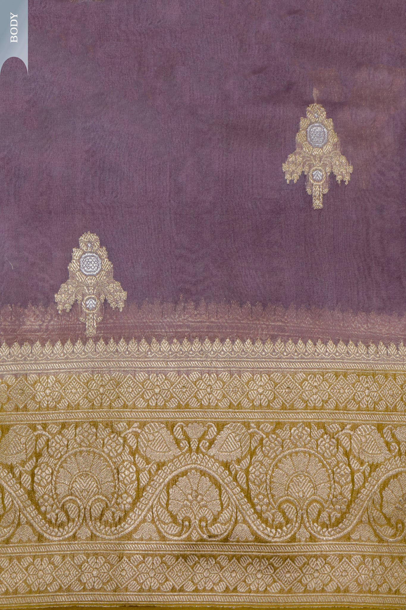 Dusty Mauve Banarasi Kora Saree with Gold & Silver Motifs