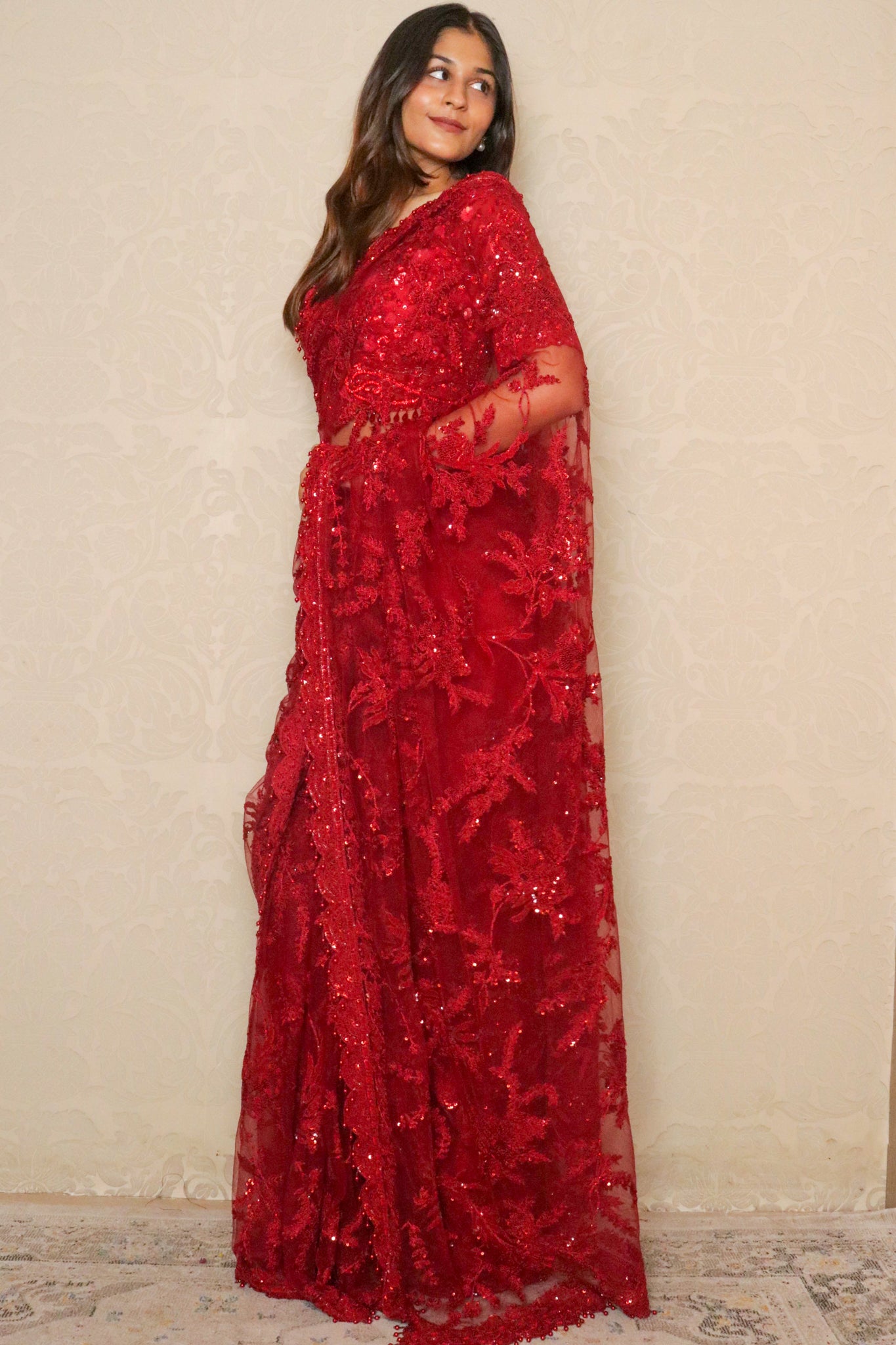 Red Net Saree with Thread & Sequin Embroidery