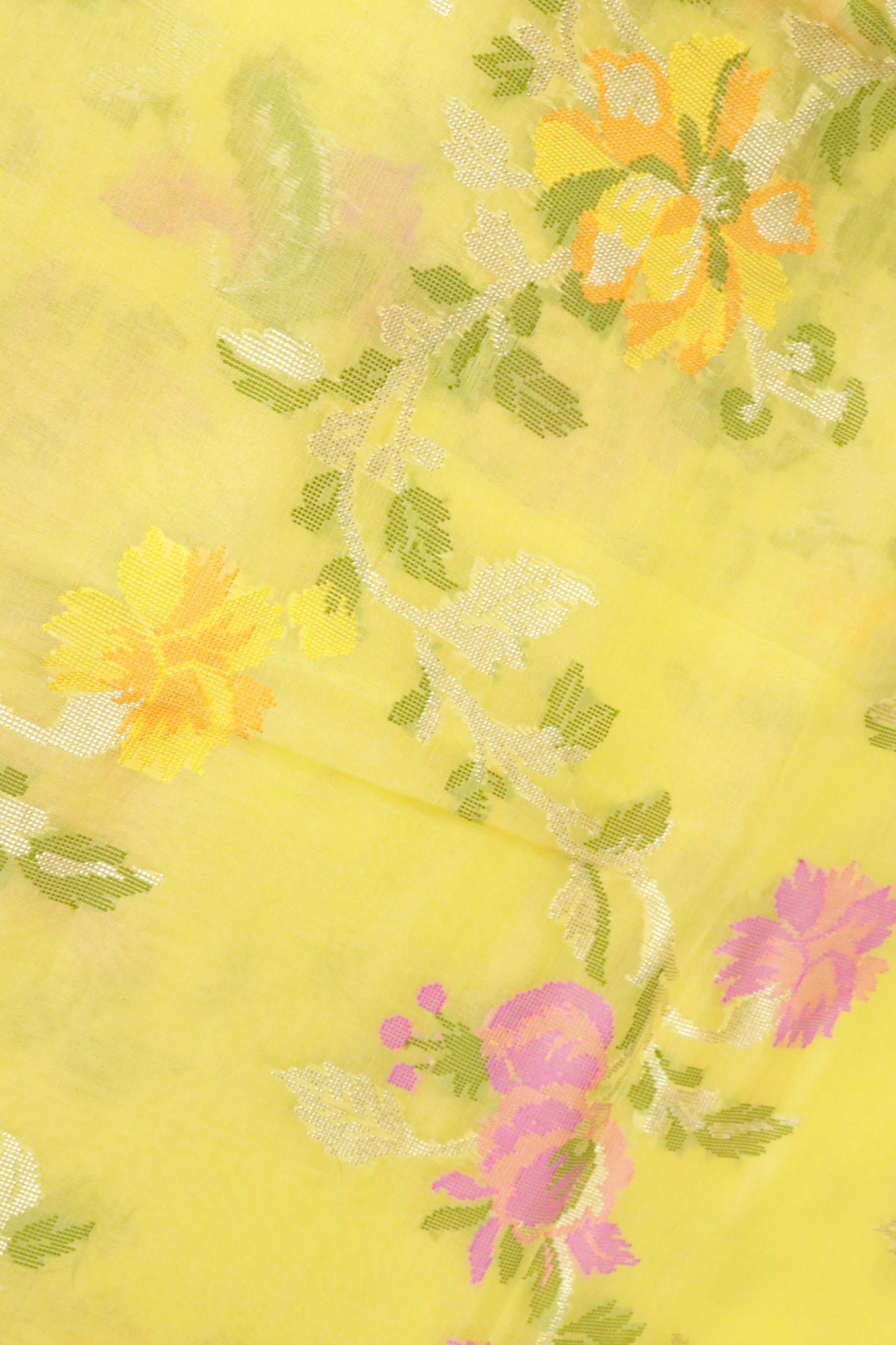 Yellow Banarasi Kora Silk Saree with Zari Multi-Butta - Mokshaa