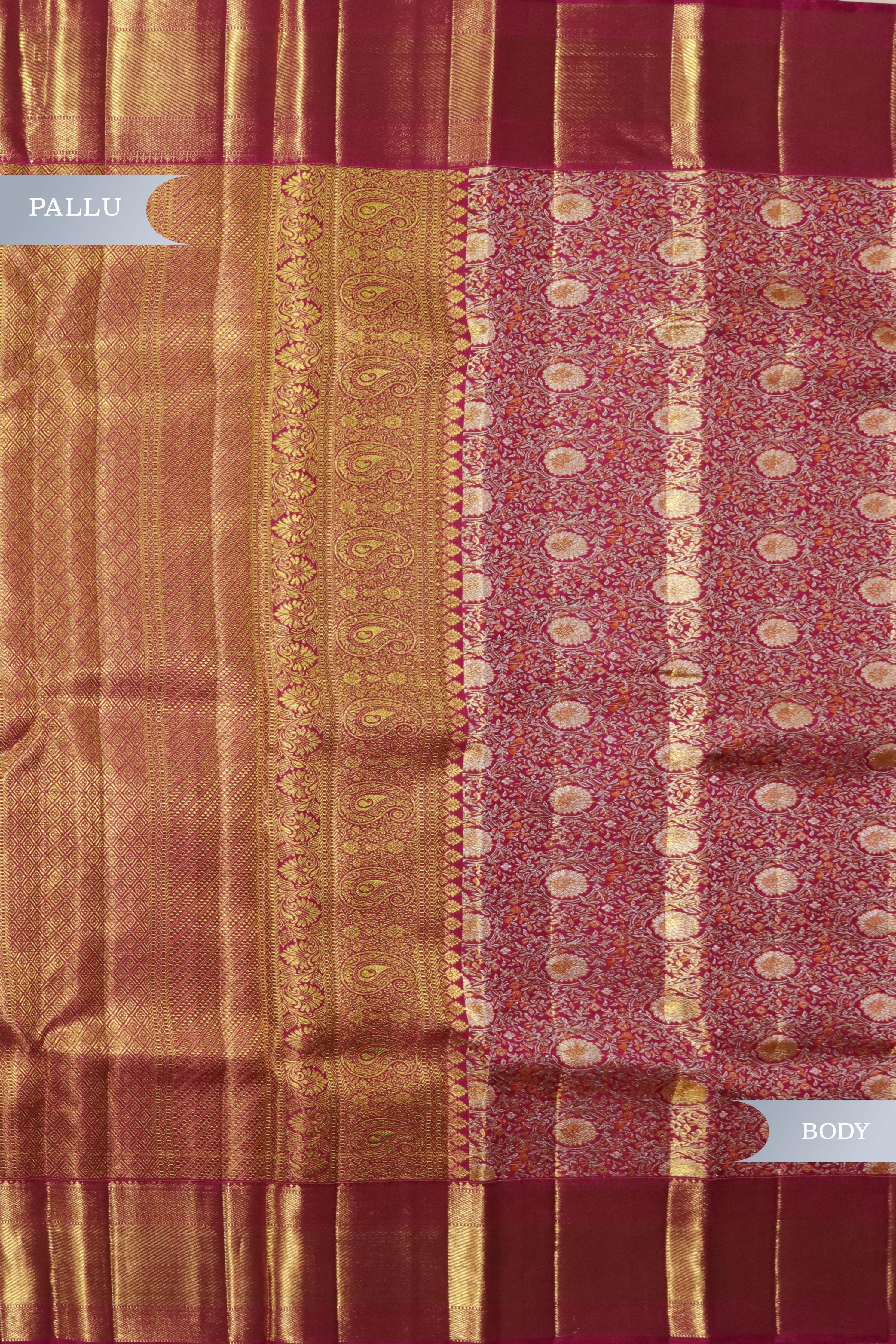 Pink Kanchivaram Silk Saree with Golden Zari & Meena Weaving - Mokshaa