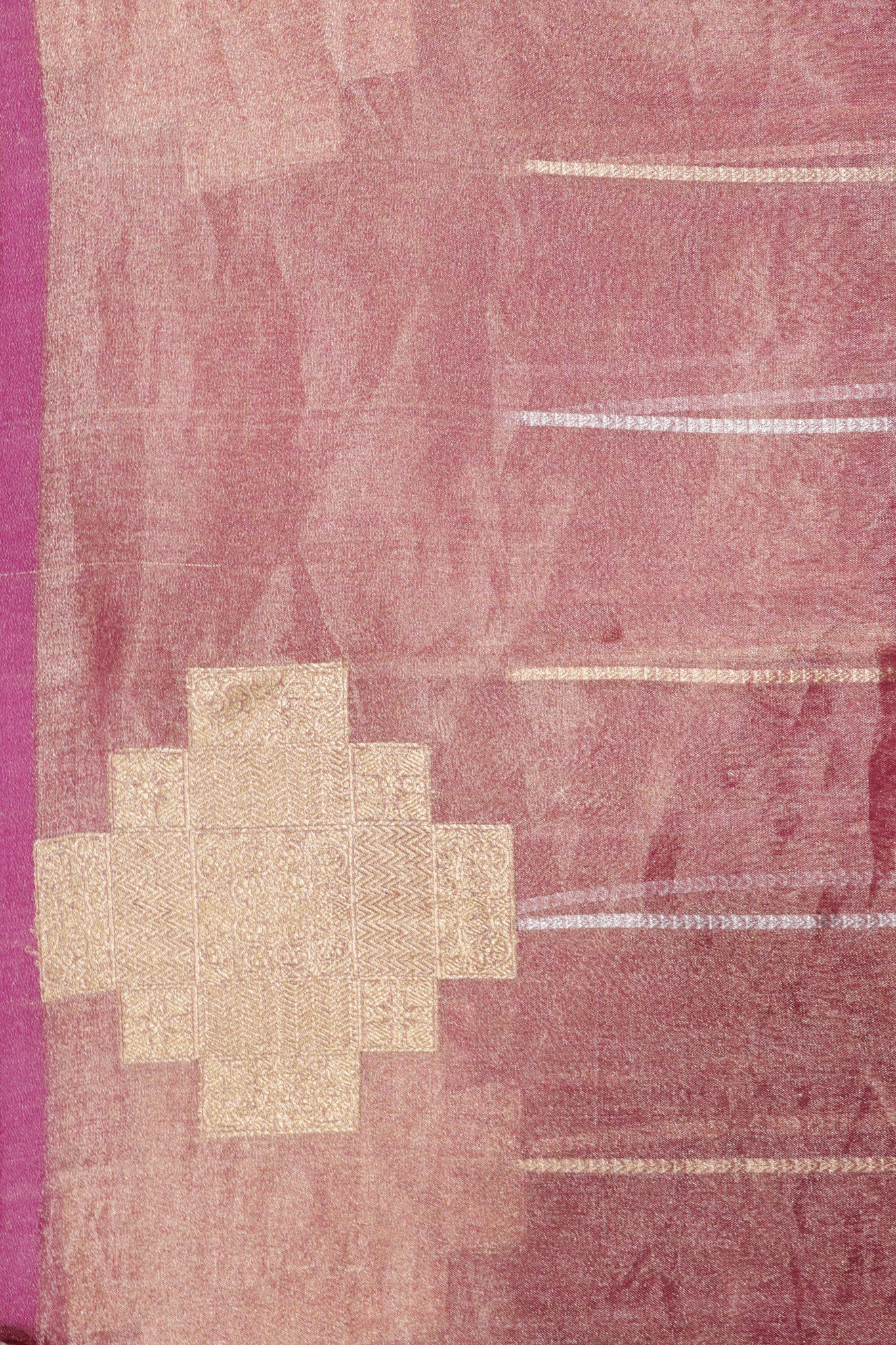 Golden Rani Pink Banarasi Tissue Saree with Gold & Silver Striped Weaving