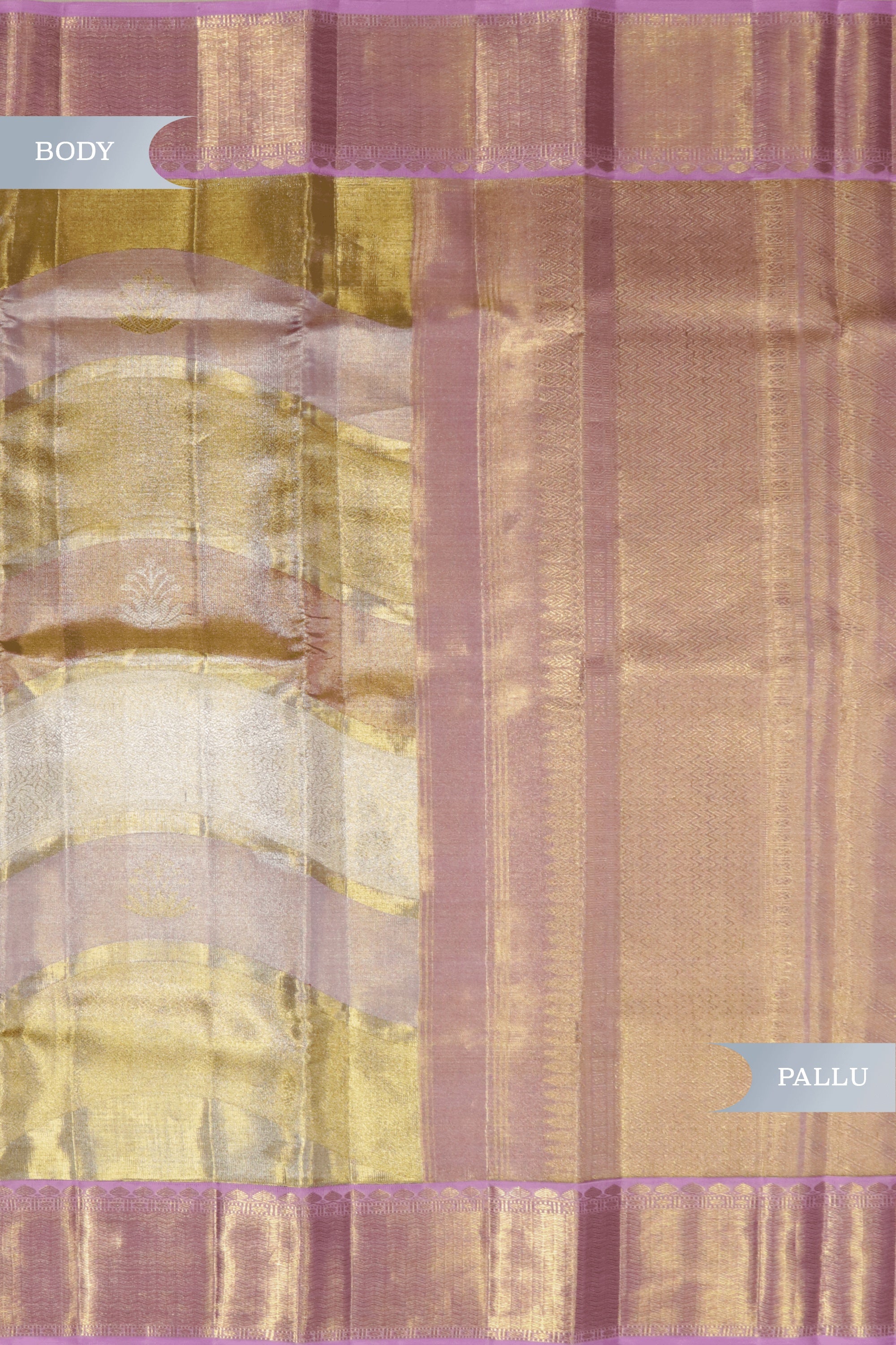 Golden Silver Tissue Silk Kanchivaram Saree with Light Pink Contrast Border