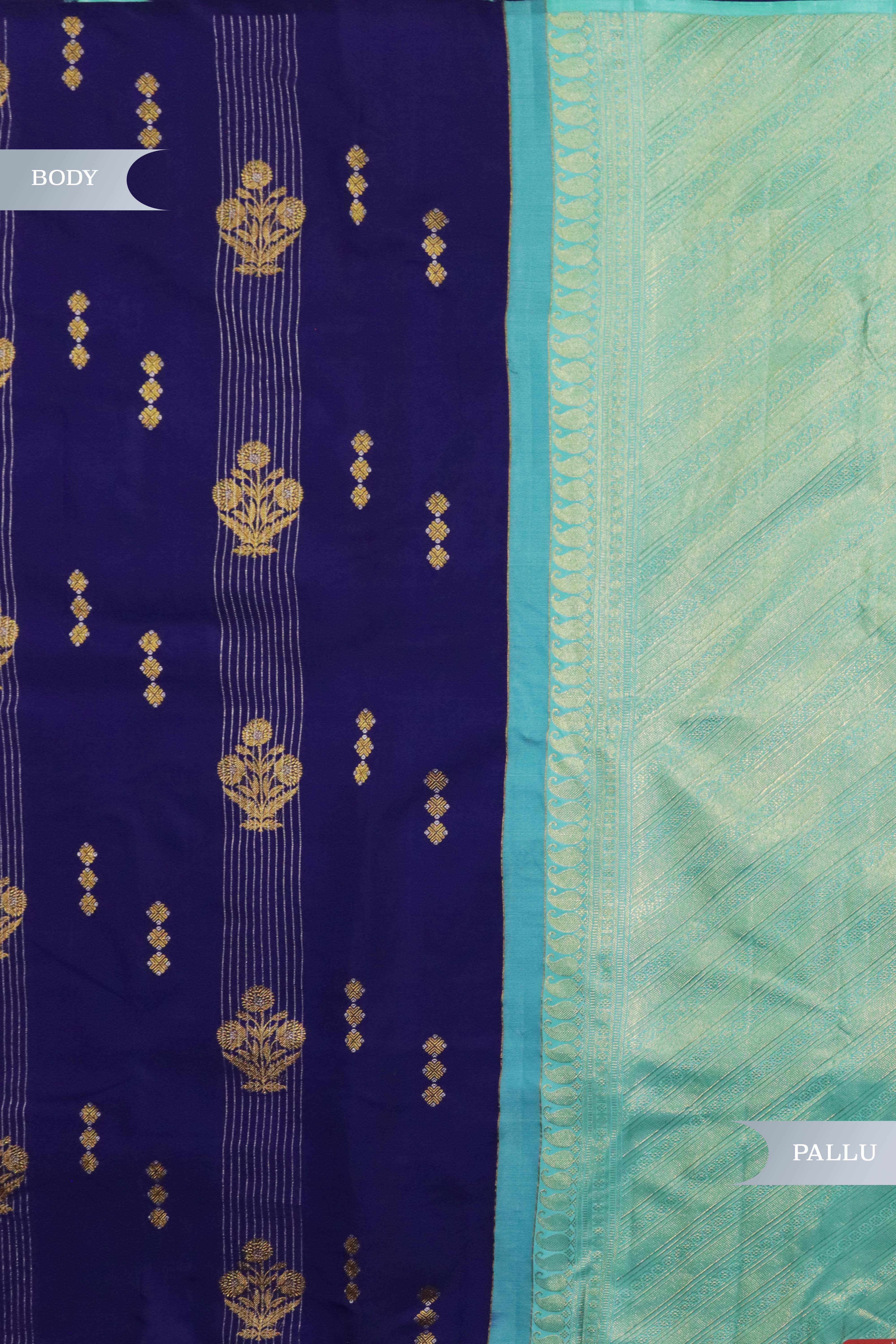Ink Blue Kanchivaram Silk Saree with Zari Buttas & Contrast Pallu