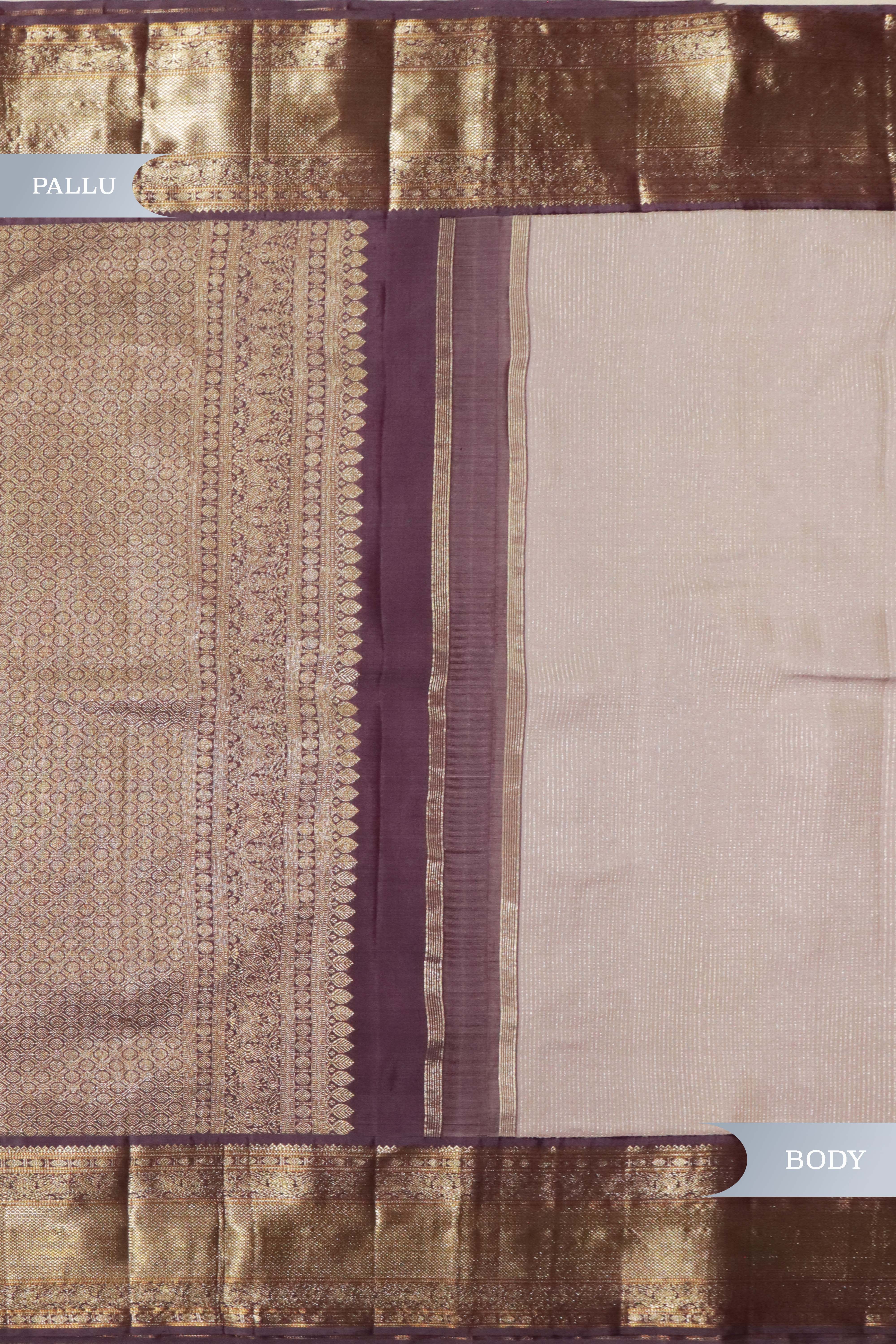 Beige Kanchivaram Silk Saree with Zari Stripes & Contrast Maroon Pallu