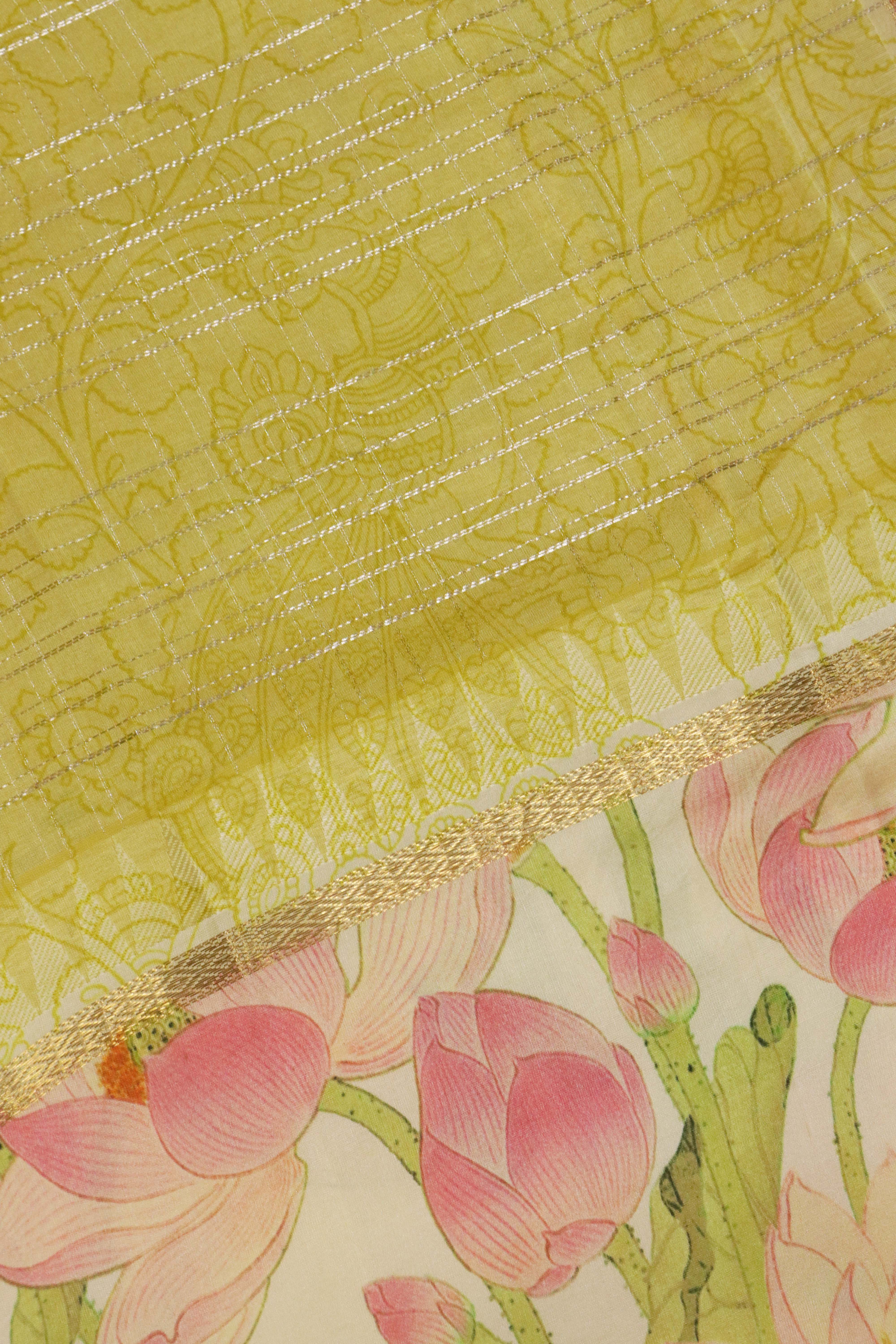 Mehendi Green Silk Saree with Floral Print Border