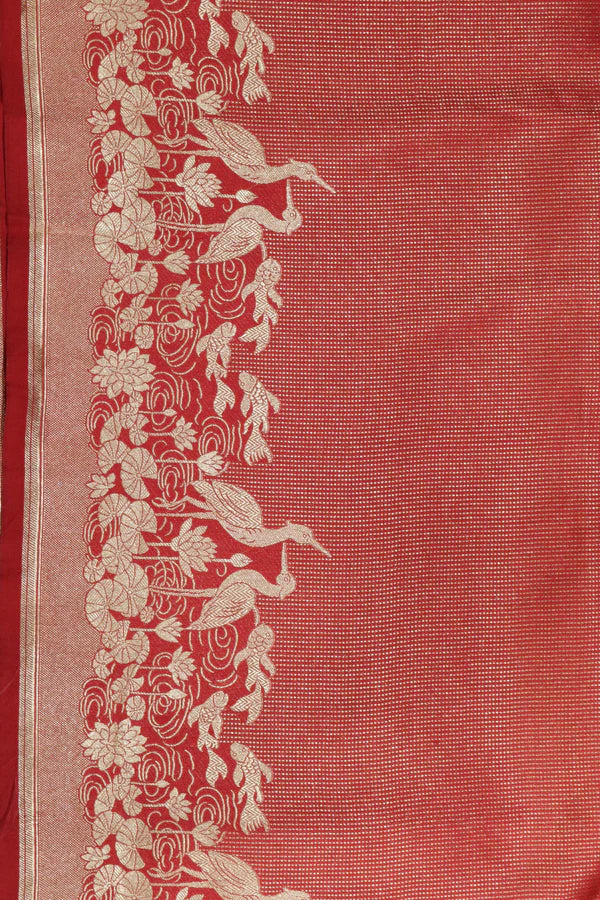 Red Banarasi Silk Saree with Self Zari Weaving & Ornate Fancy Border