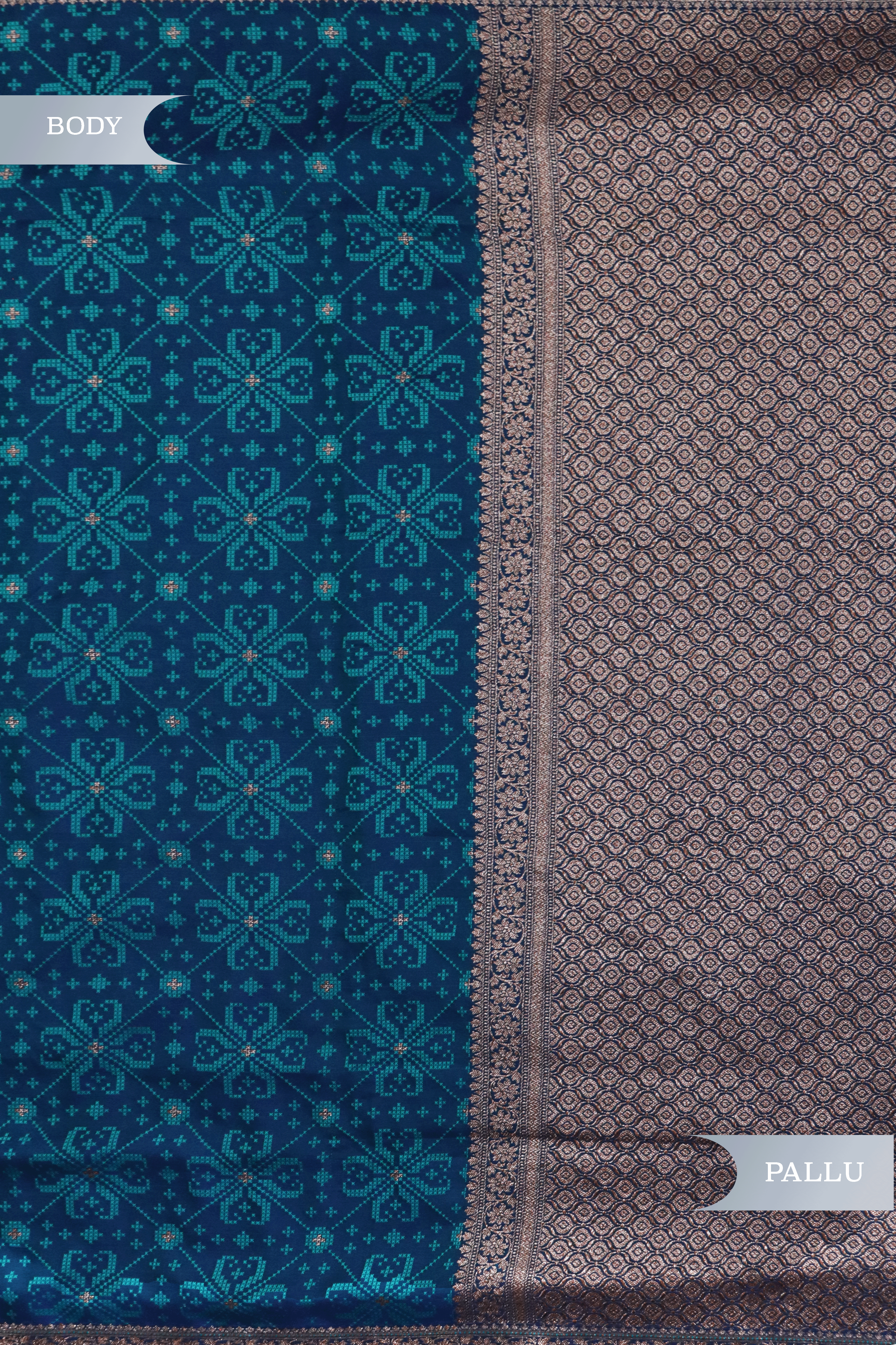 Peacock Blue Semi Silk Saree with Geometric Thread Weaving