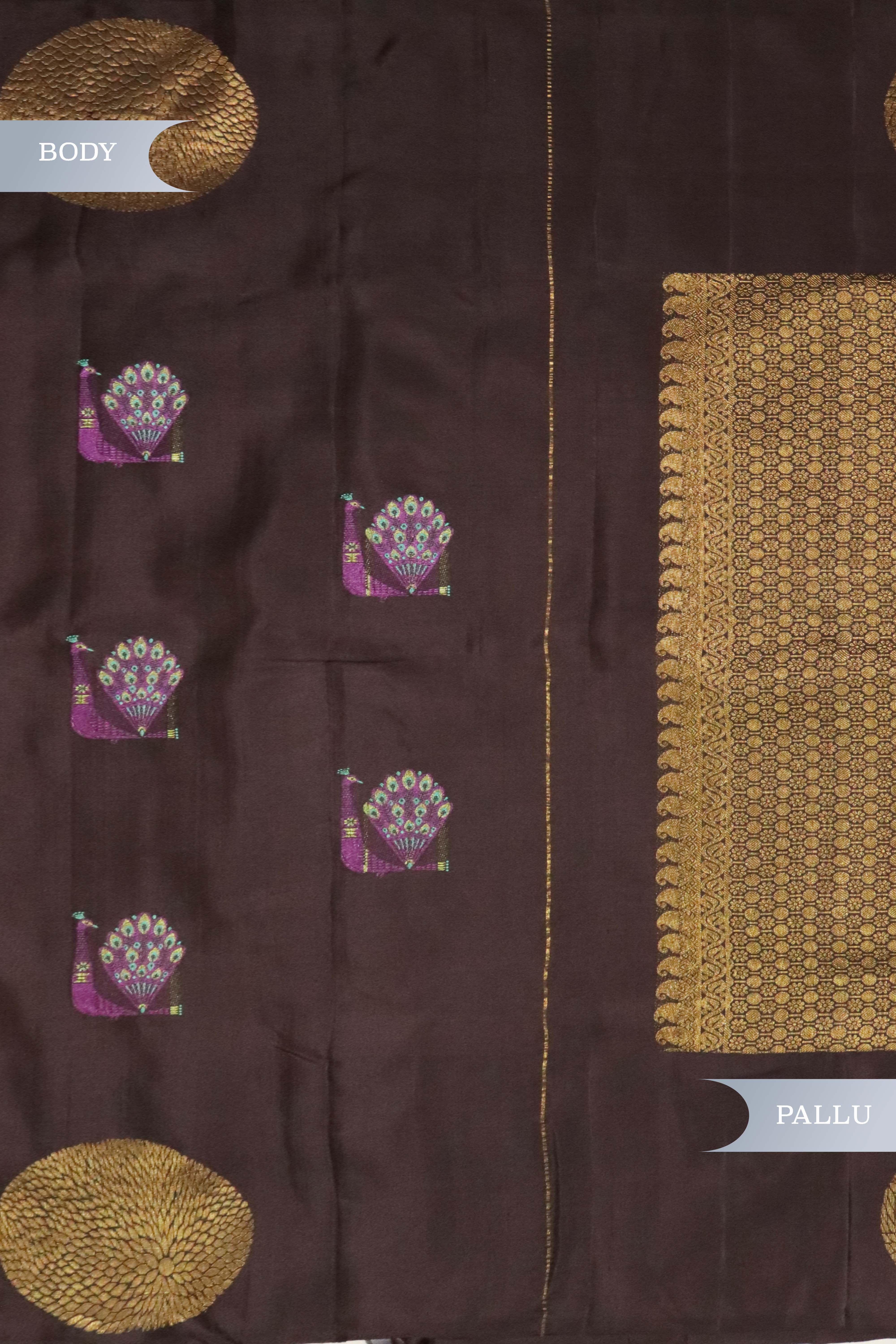 Brown Kanchivaram Silk Saree with Peacock Motifs