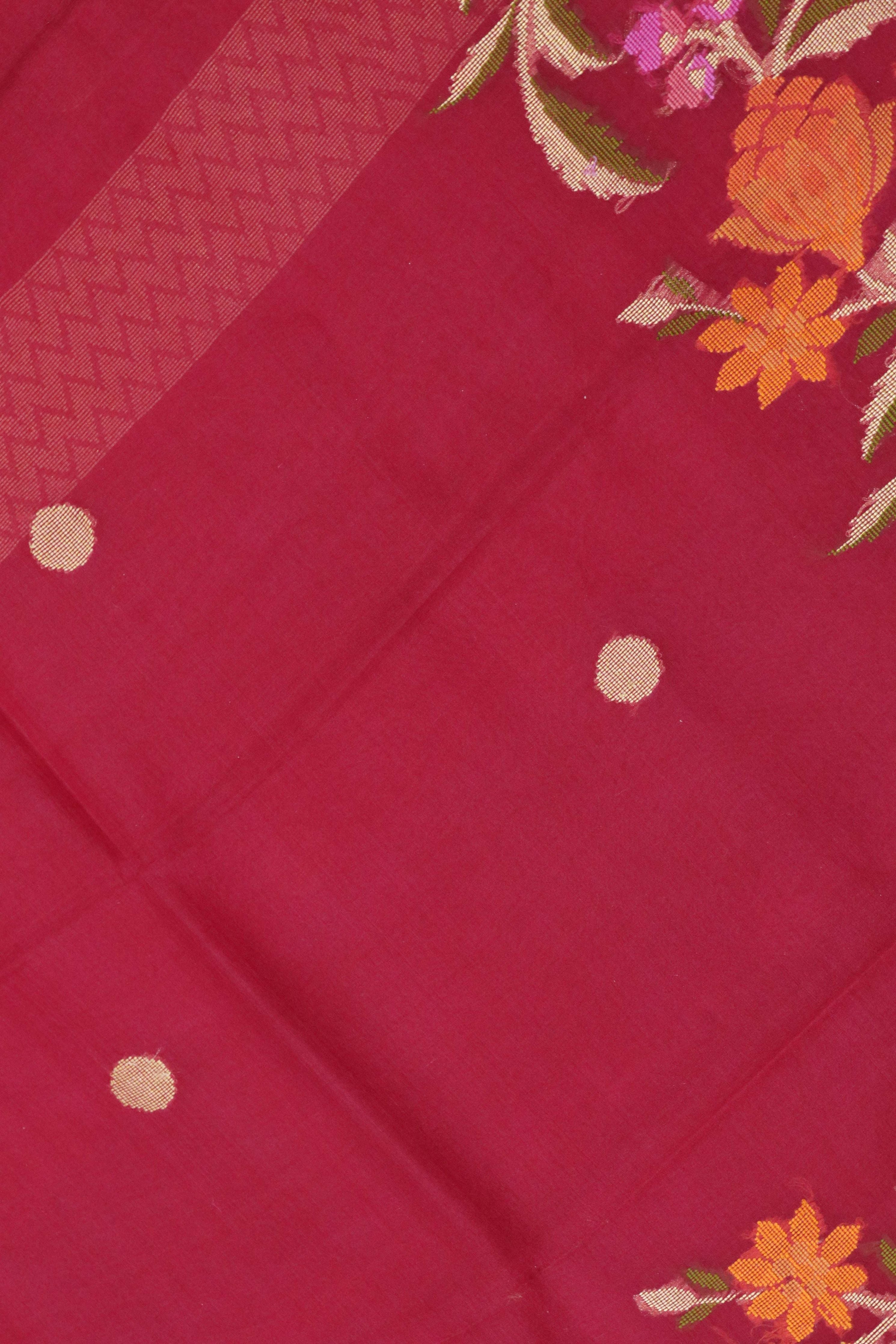 Tomato Pink Banarasi Kora Silk Saree with Multicolor Zari Weaving - Mokshaa