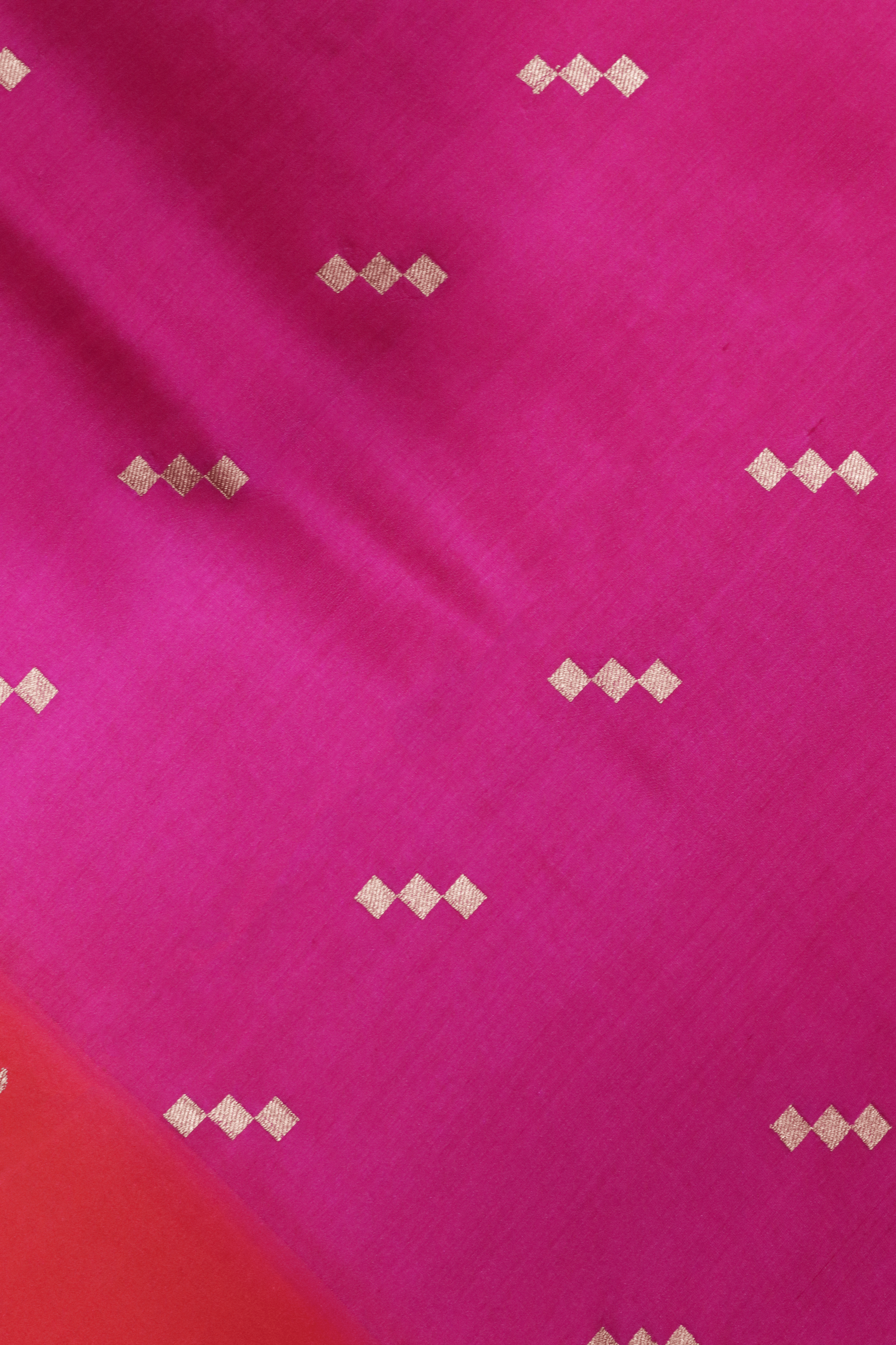 Rani Pink Banarasi Chanderi Silk Saree with Red Satin Border & Gold Motifs