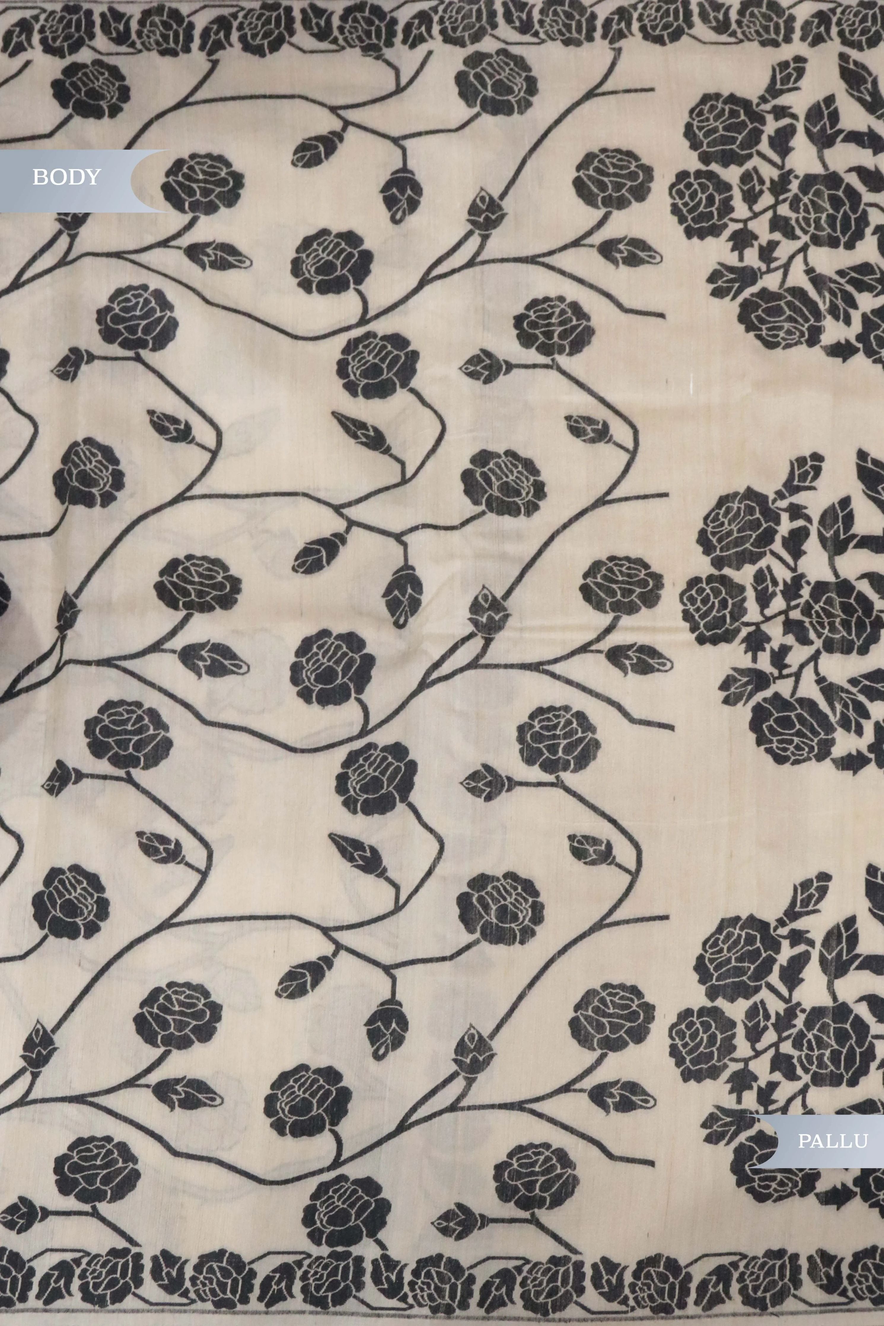 Beige Banarasi Handloom Saree with Black Thread Jaal - Mokshaa