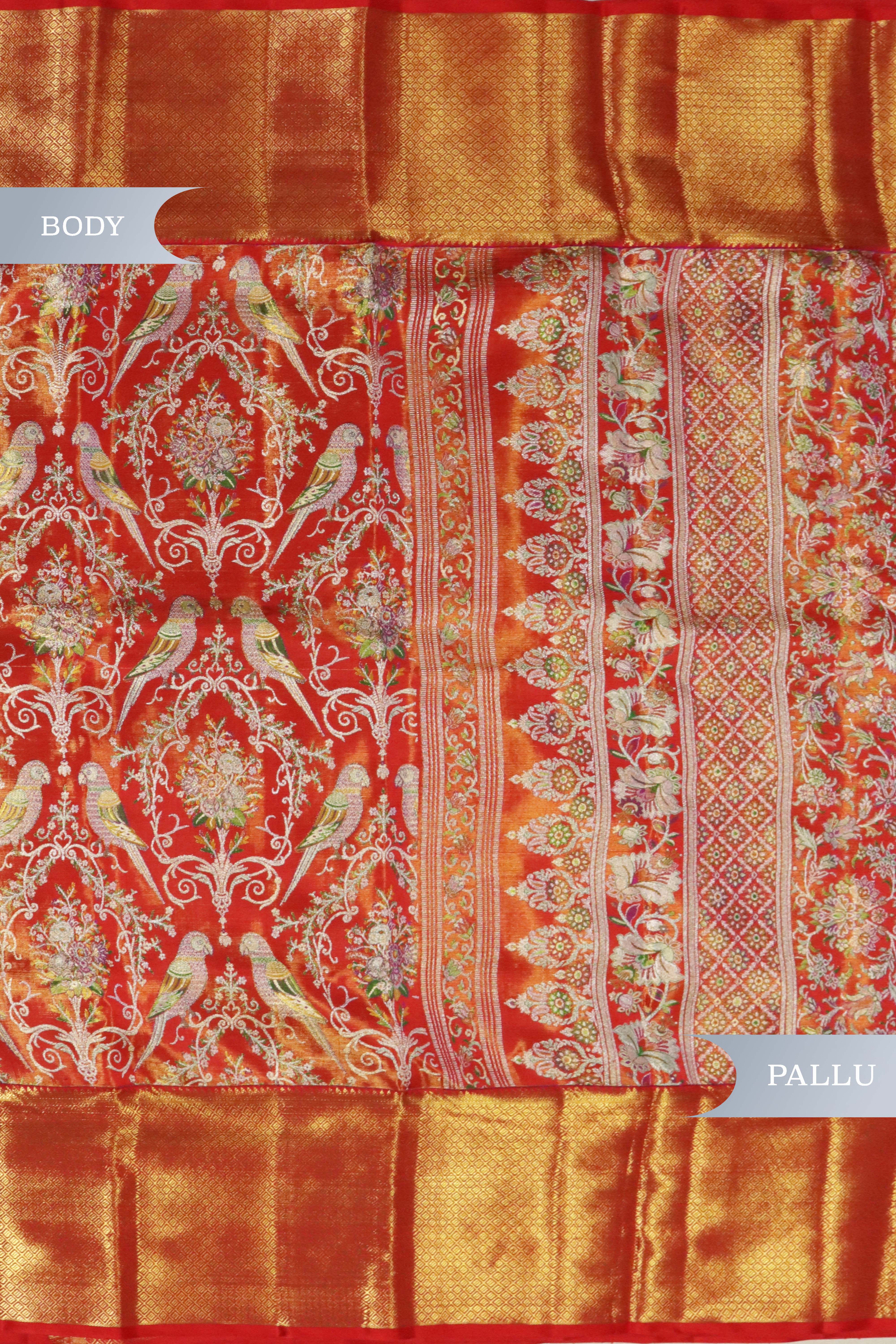 Rust Red Kanchivaram Tissue Silk Saree with Meena Weaving & Zari Border