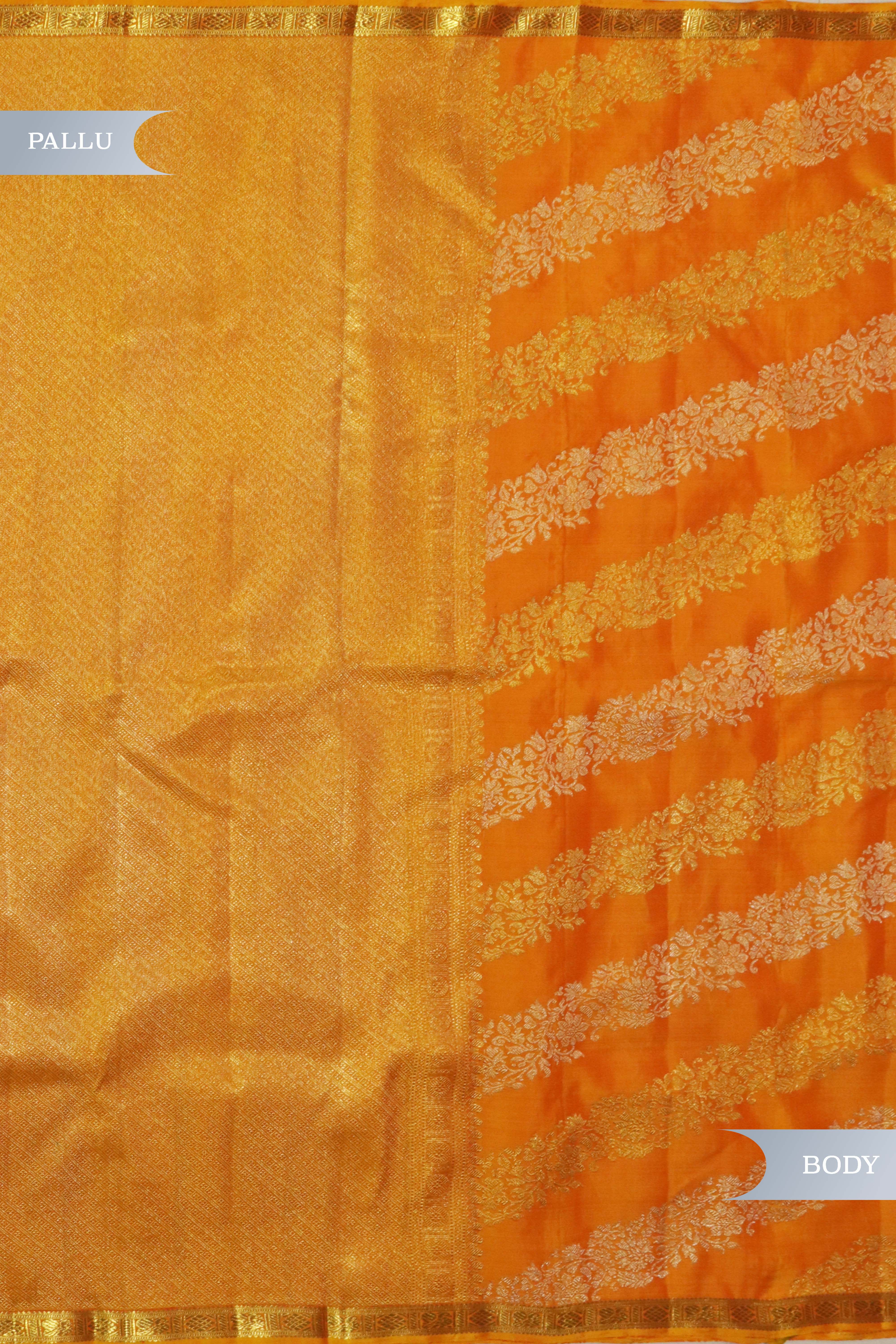 Mango Yellow Kanchivaram Silk Saree with Gold & Silver Stripes