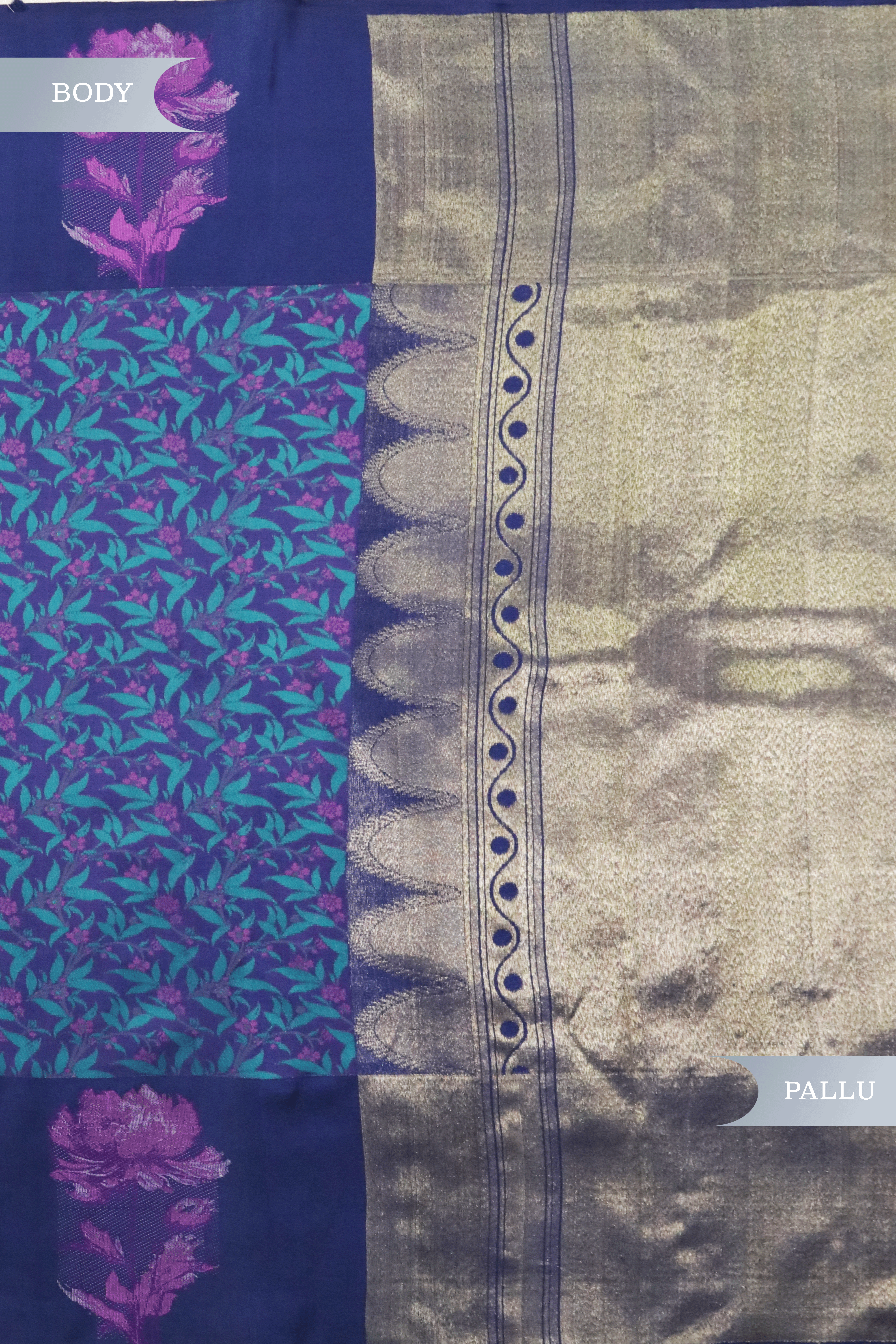 Navy Blue Kanchivaram Silk Saree with Floral Motifs