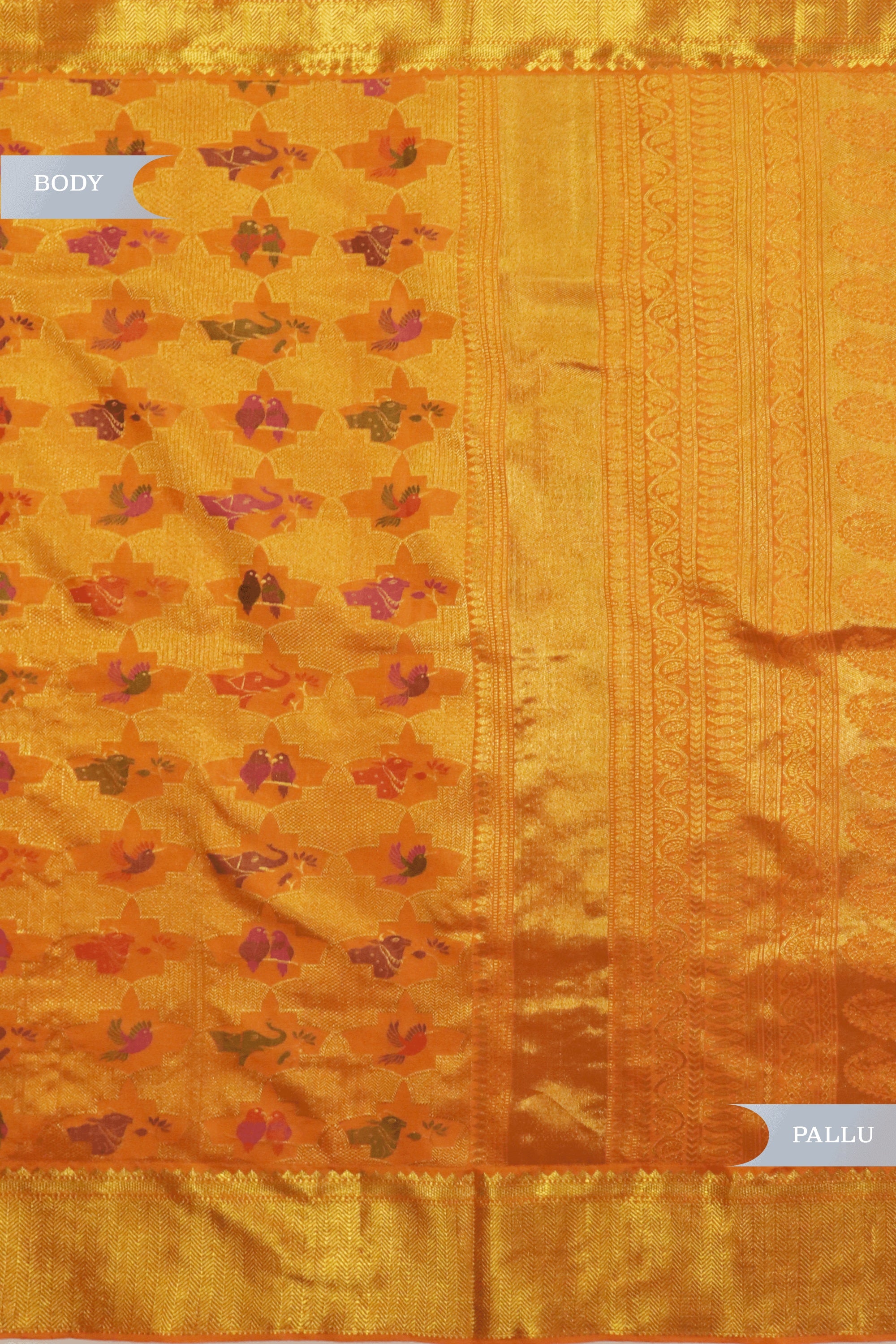 Koral Orange Kanchivaram Silk Saree with Zari & Meena Animal Motifs