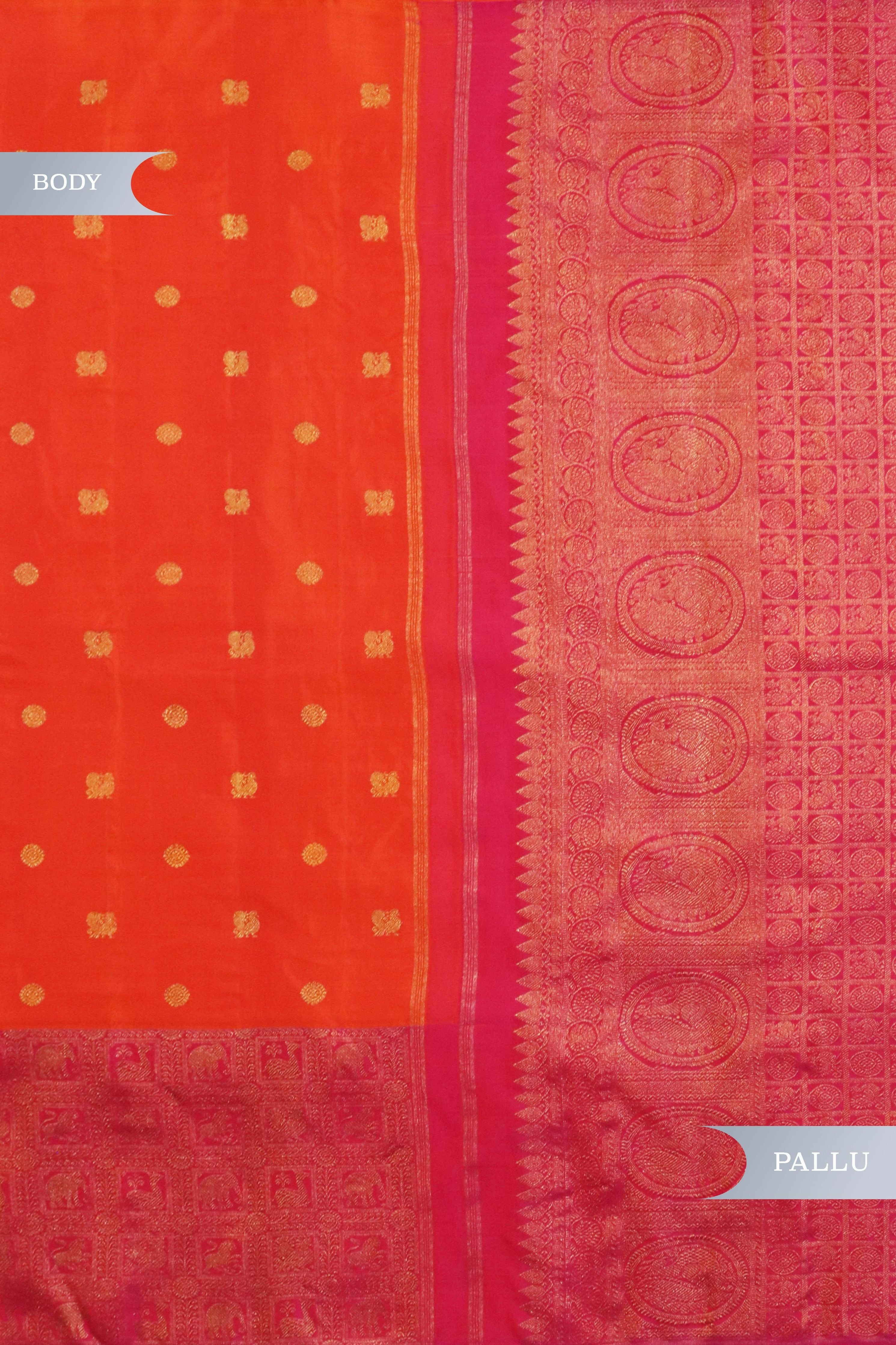 Orange Kanchivaram Silk Saree with Butta & Contrast Vanasingaram Border - Mokshaa