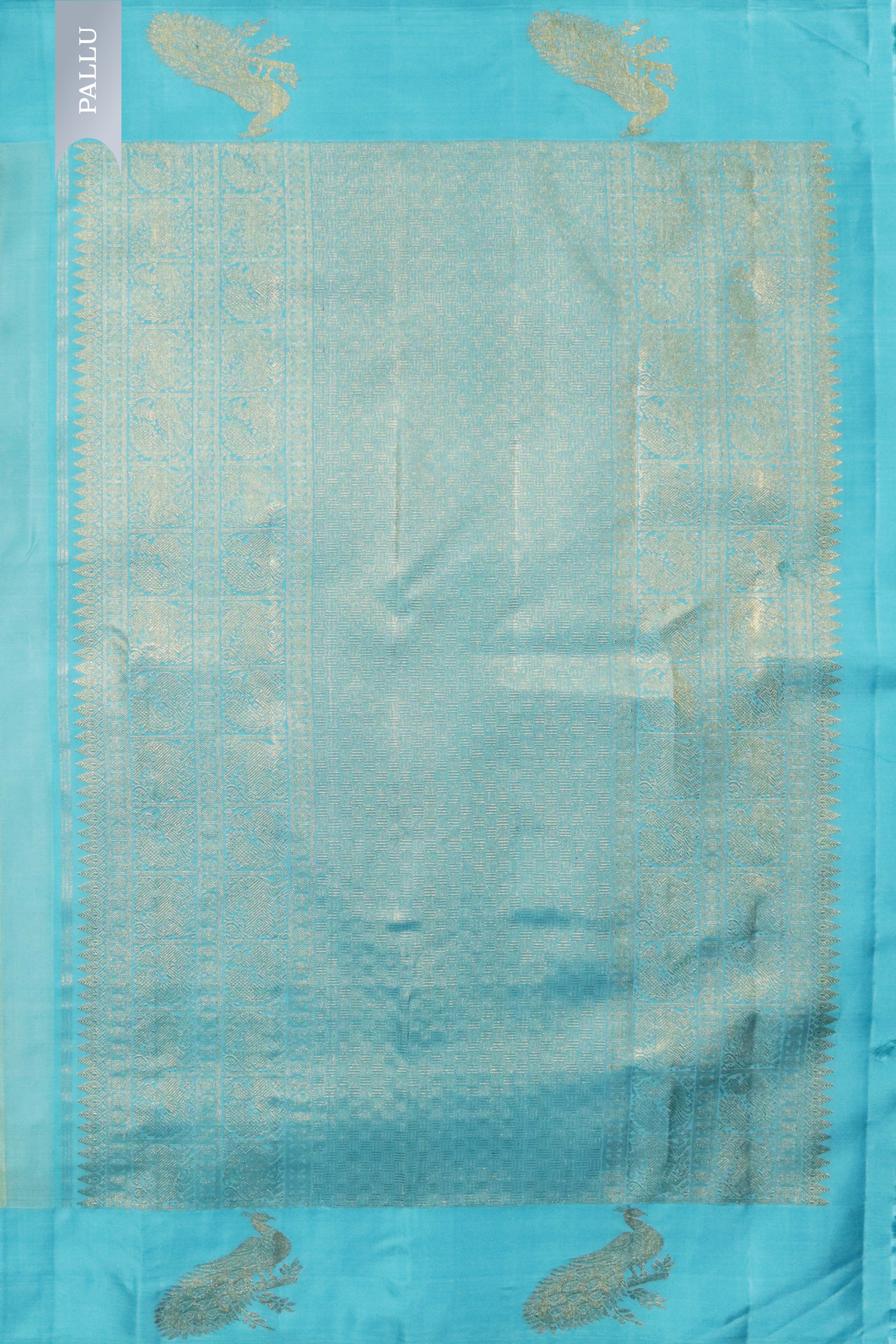 Sea Blue Kanchivaram Silk Saree with Peacock Border