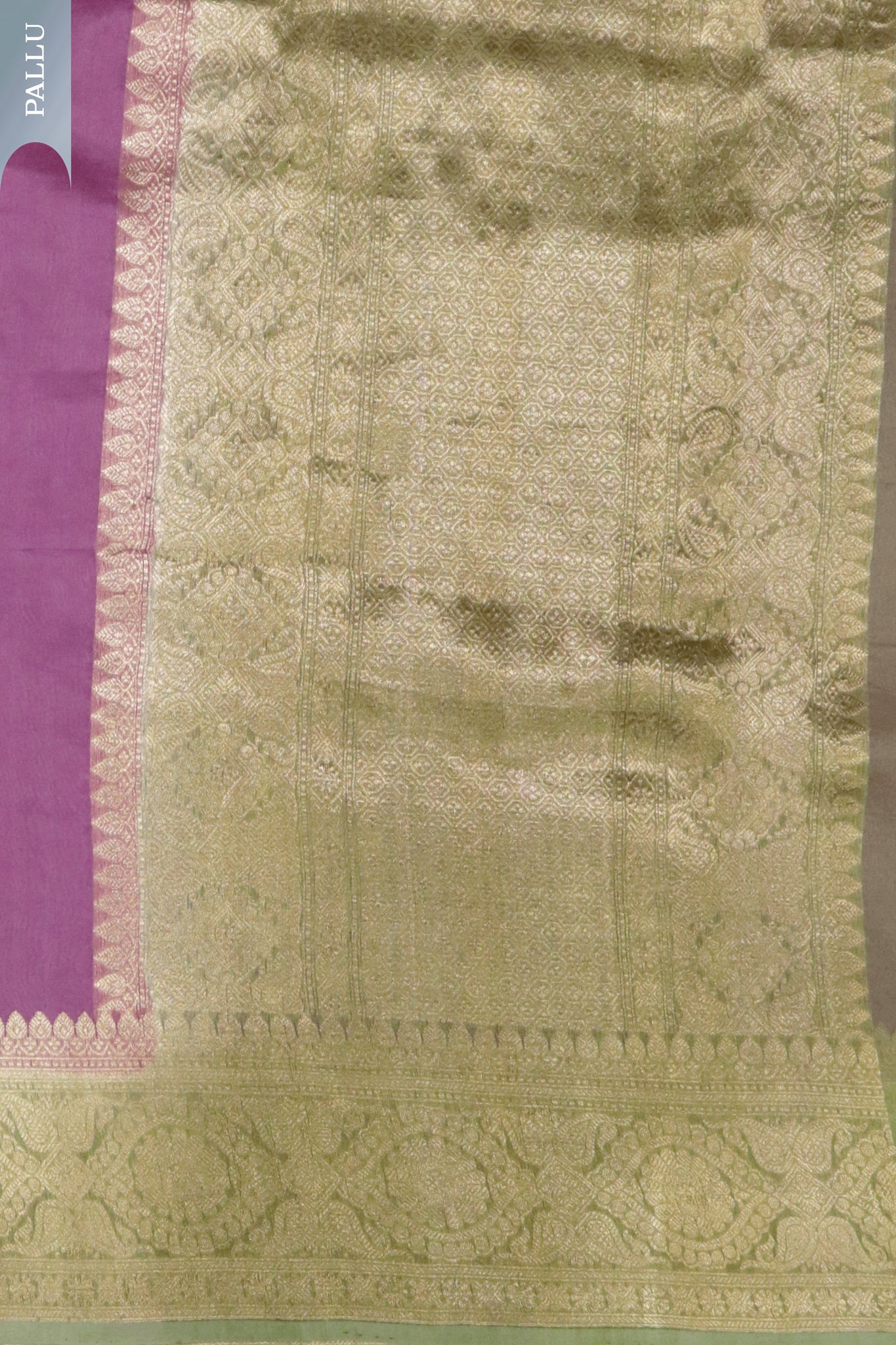 Onion Pink Banarasi Kora Saree with Pista Green Border & Gold-Silver Motifs