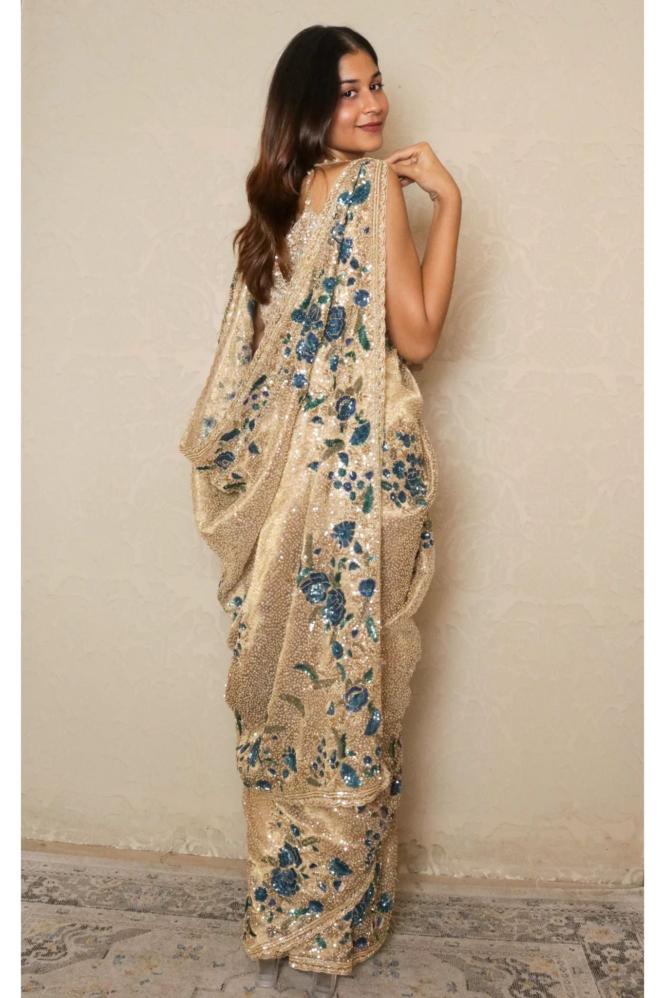 Gold Sequin Organza Saree with Matching Blouse - Mokshaa