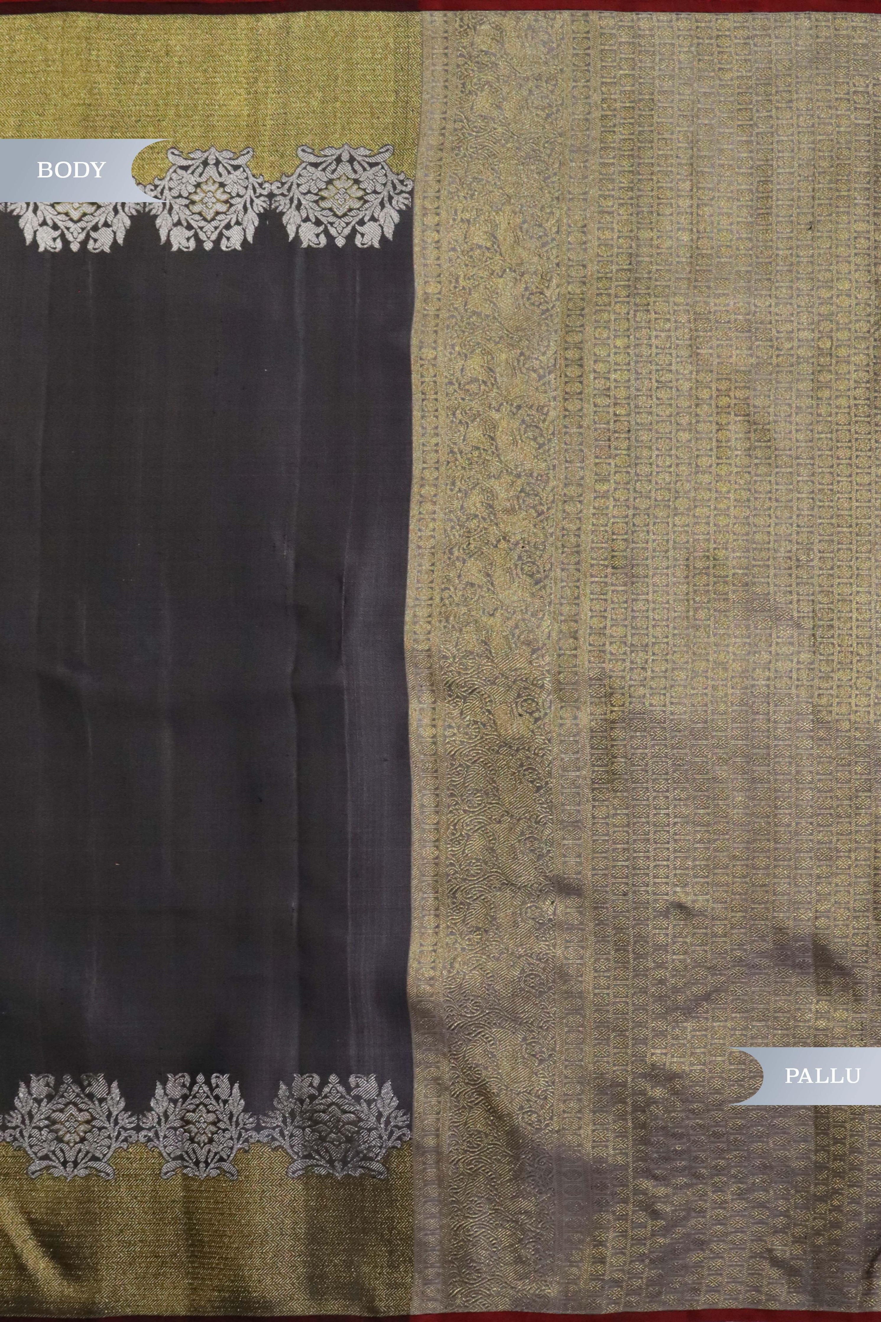 Elephant Grey Kanchivaram Silk Saree with Silver-Gold Border - Mokshaa