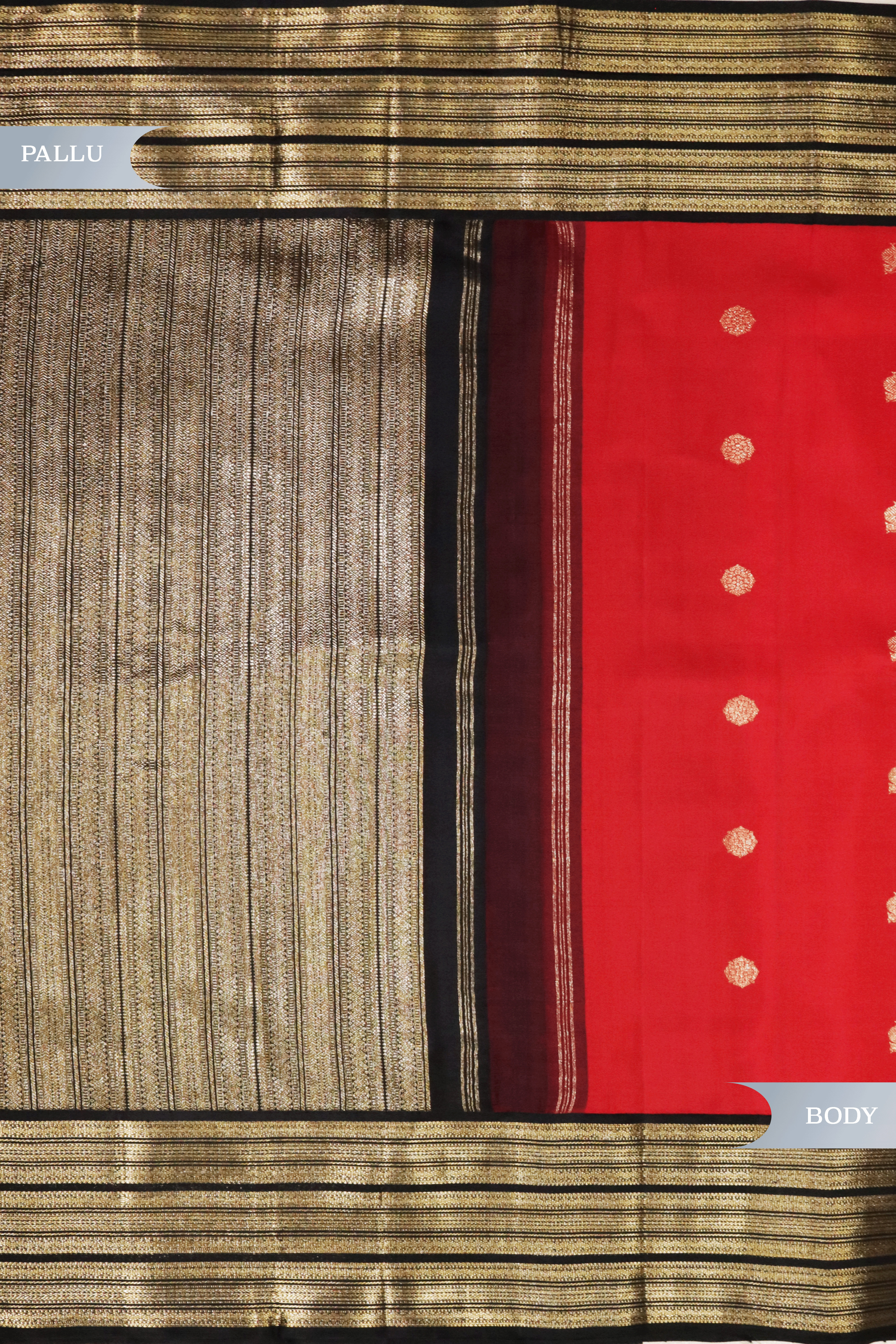 Red Kanchivaram Silk Saree with Golden Buttas and Black Zari Border