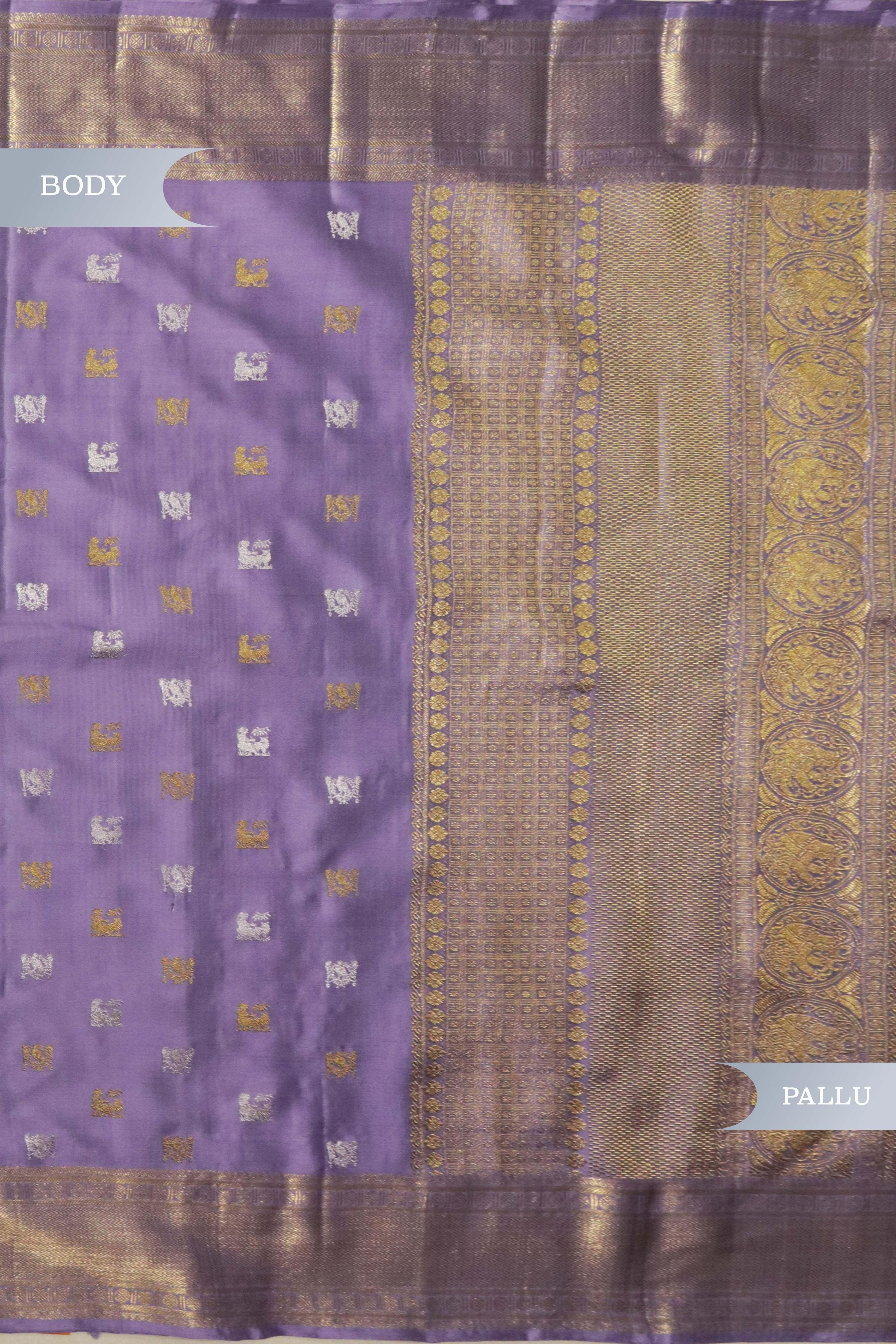 Lavender Kanchivaram Silk Saree with Gold & Silver Zari - Mokshaa