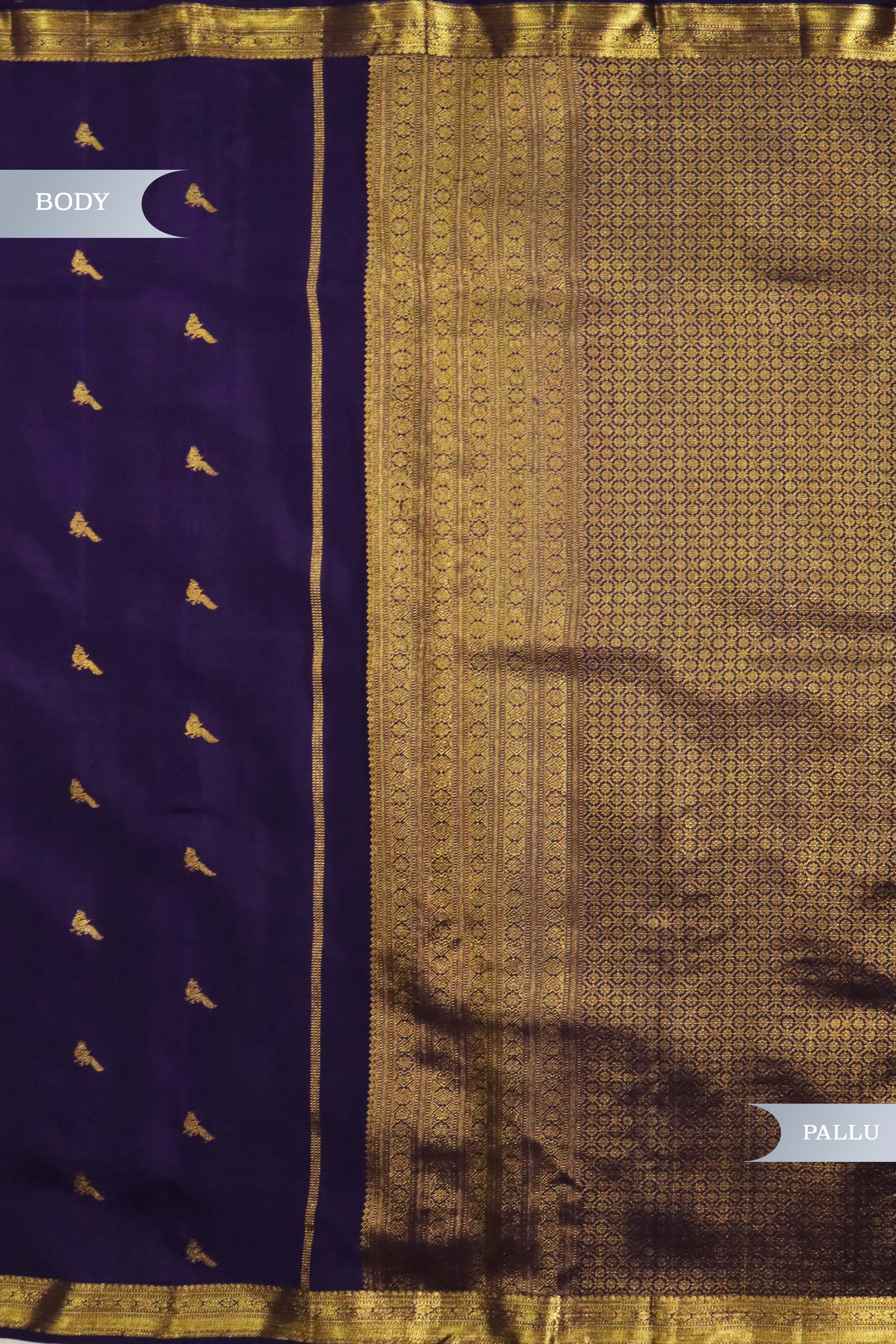 Purple Kanchivaram Silk Saree with Birds Butti & Zari Border