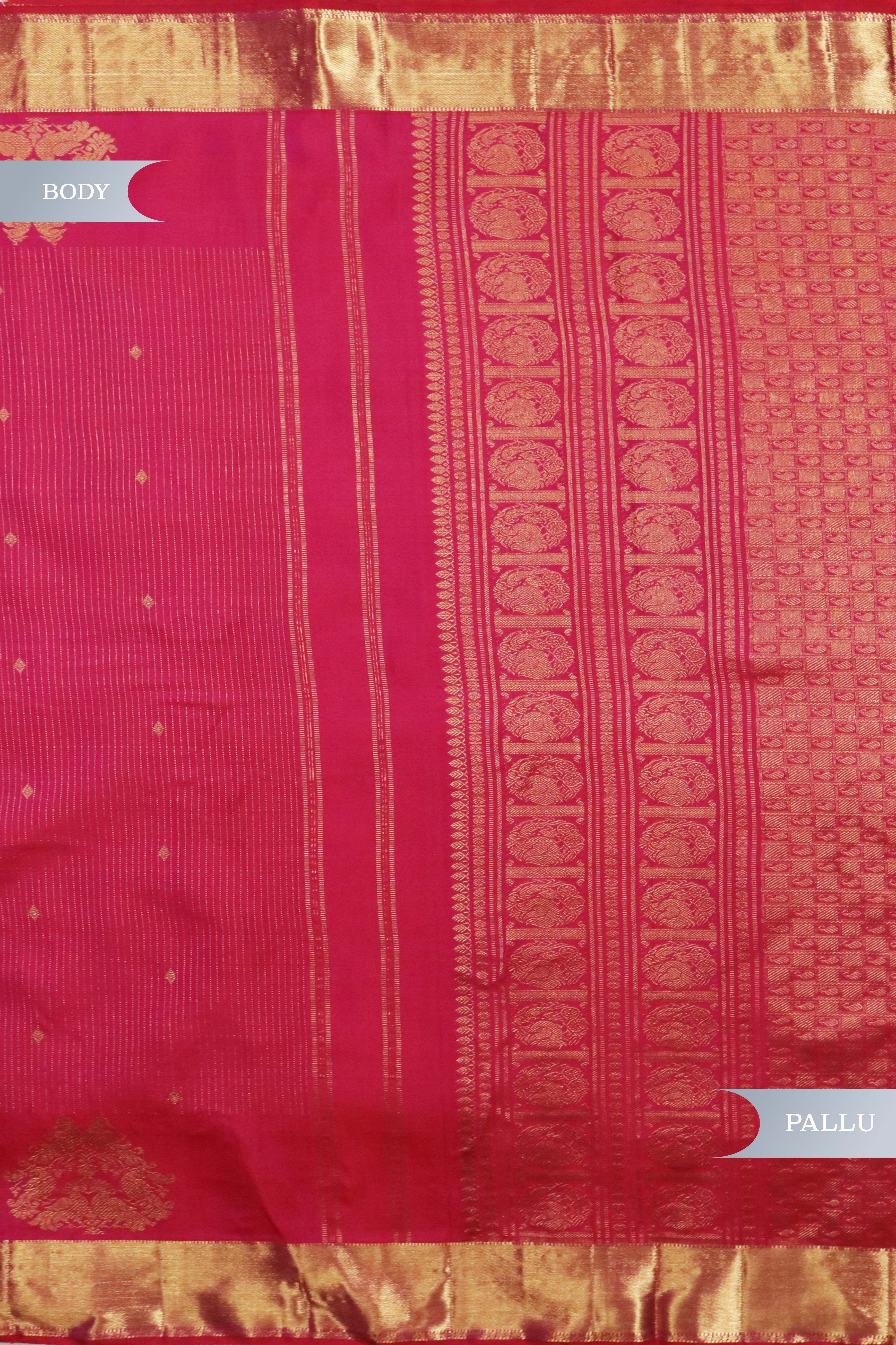Tomato Pink Kanchivaram Silk Saree with Zari Stripes, Butti & Fancy Border