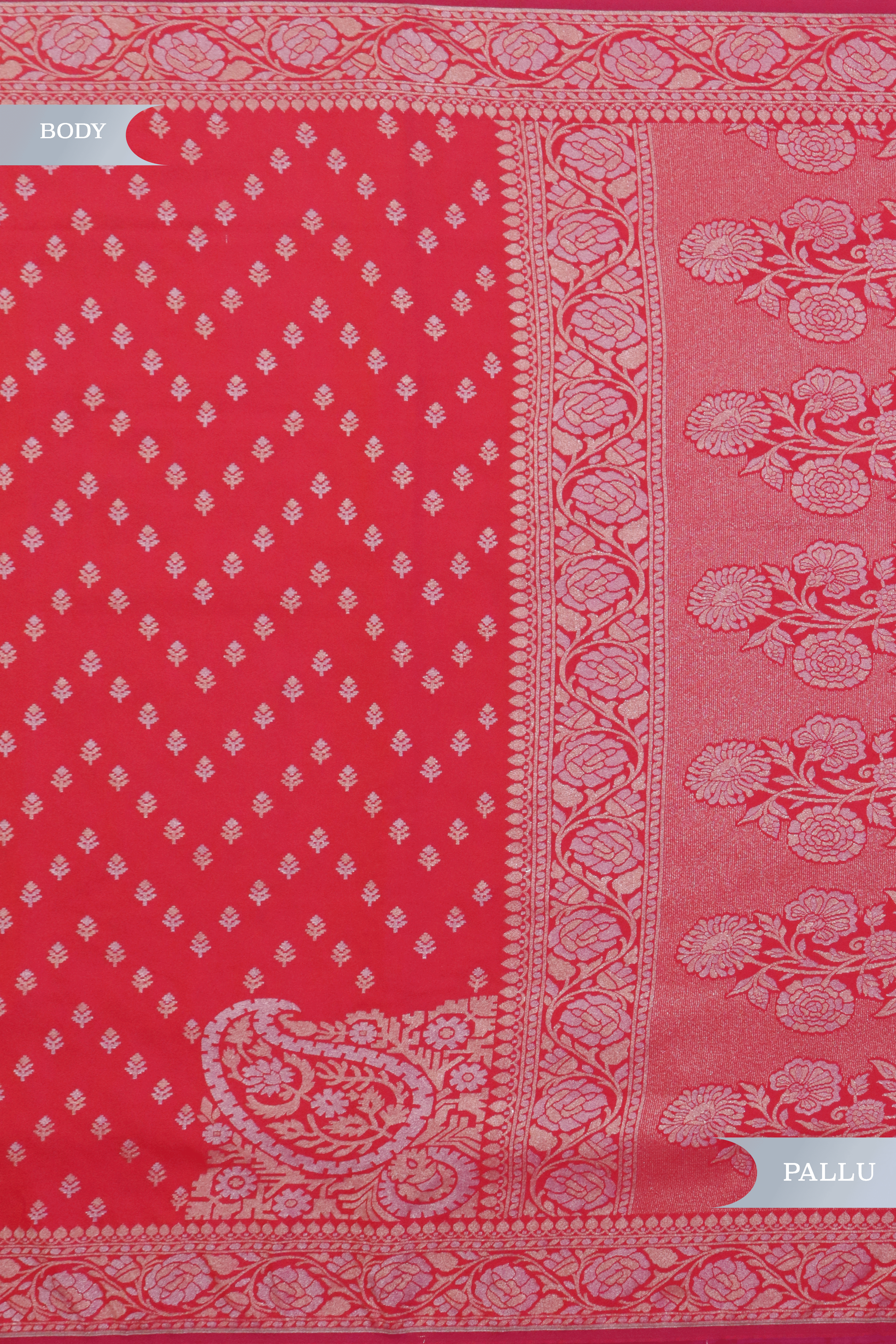 Red Semi Silk Saree with Gold-Silver Buttis & Floral Zari Border