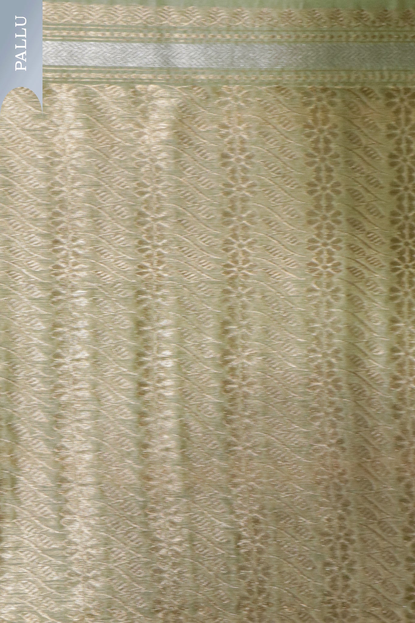 Pista Green Banarasi Kora Saree with Gold & Silver Stripes