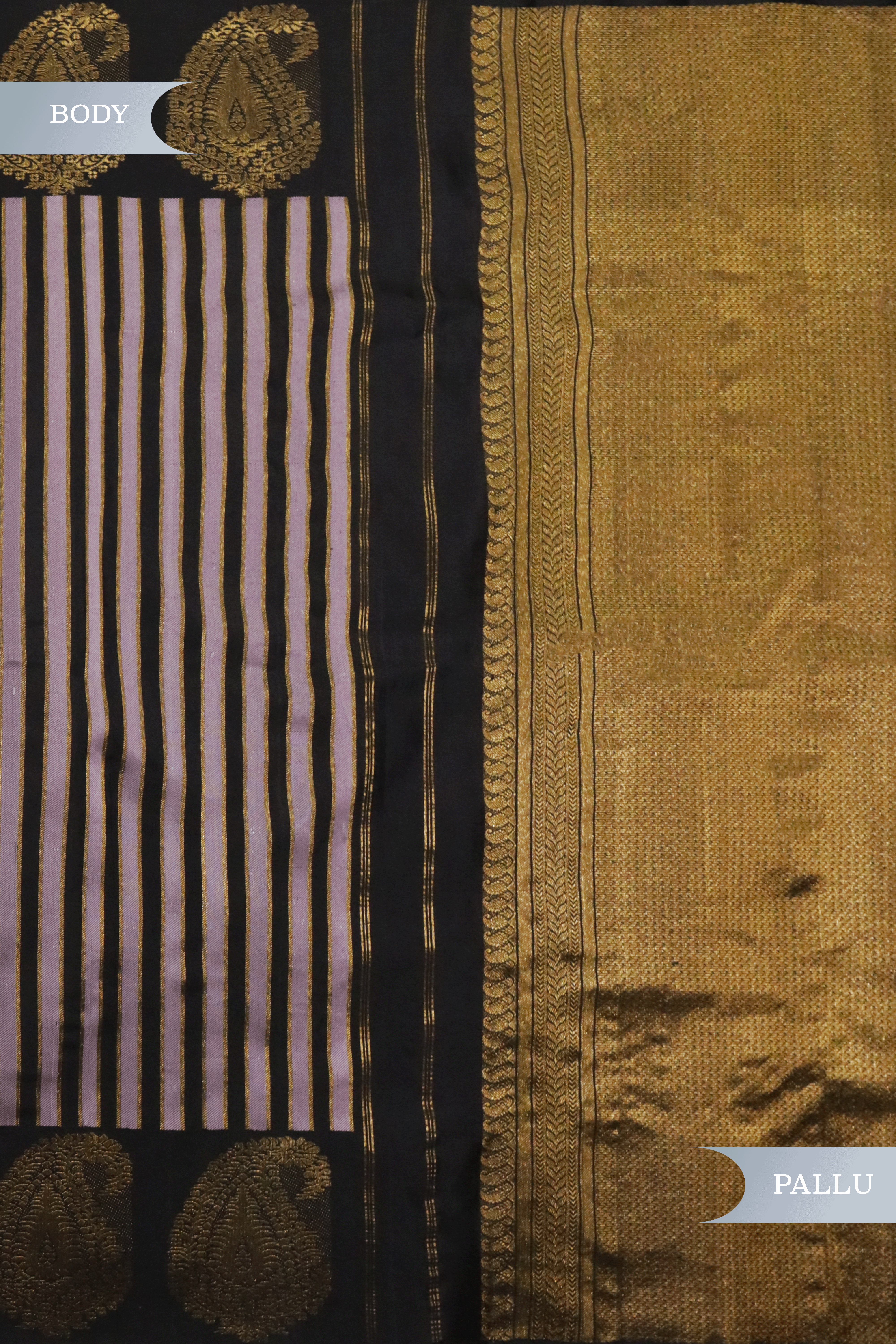 Black Kanchivaram Silk Saree with Golden Stripes & Buttas Border