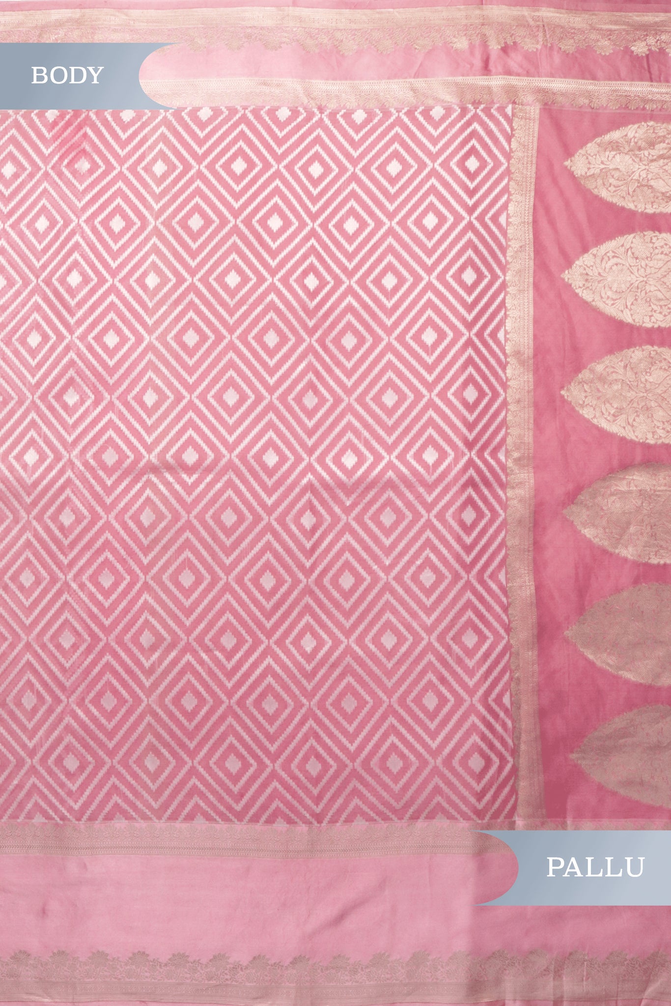 Baby Pink Banarasi Kora Saree with Geometric Weave & Satin Border