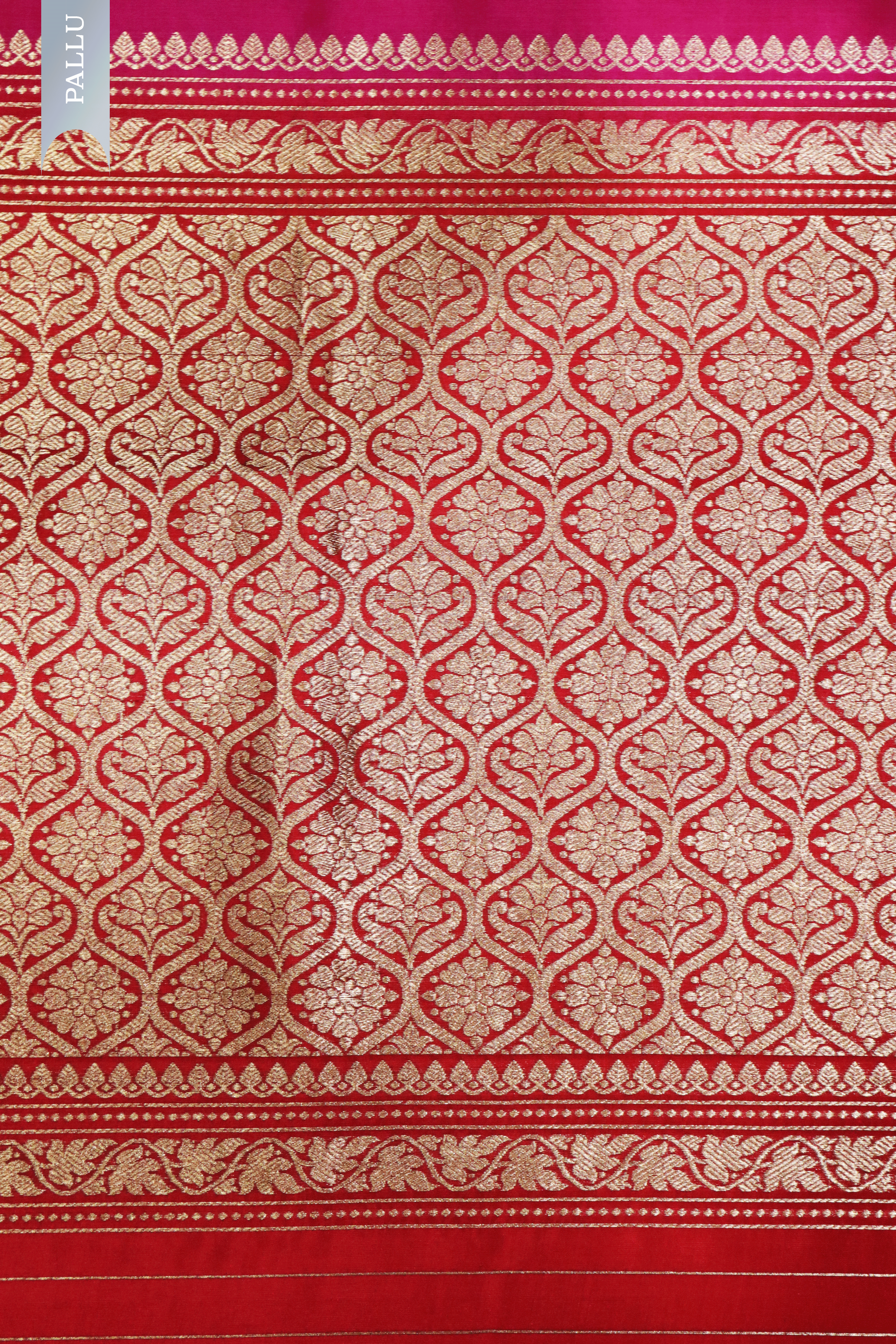 Rani Pink Banarasi Chanderi Silk Saree with Red Satin Border & Gold Motifs