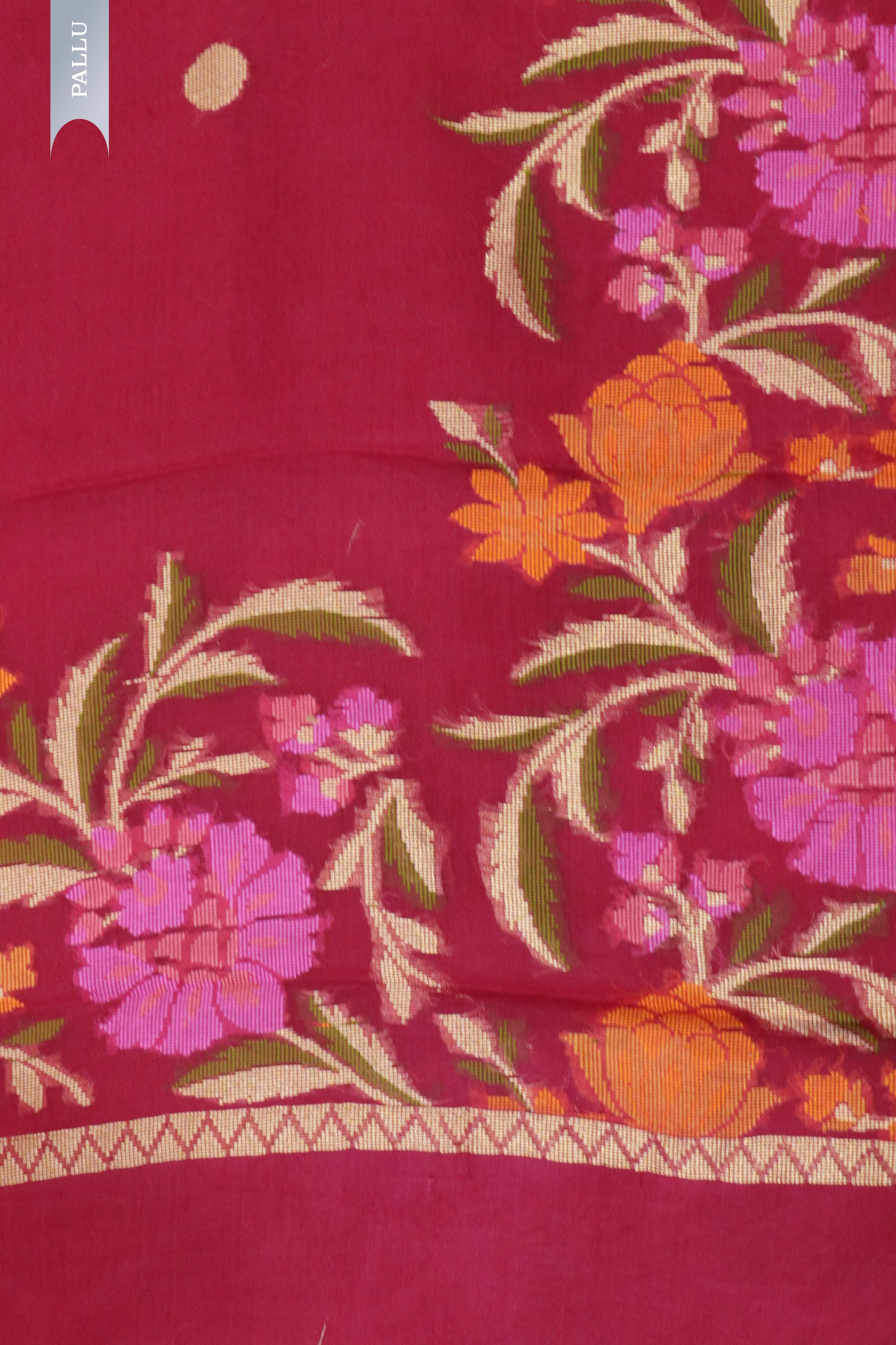 Tomato Pink Banarasi Kora Silk Saree with Multicolor Zari Weaving - Mokshaa
